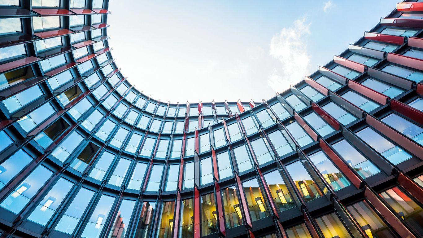 1366x768 Download 1366x768 wallpaper architecture, office building, oval shape, glass window, tablet, laptop, 1366x768 HD image, background, 3644