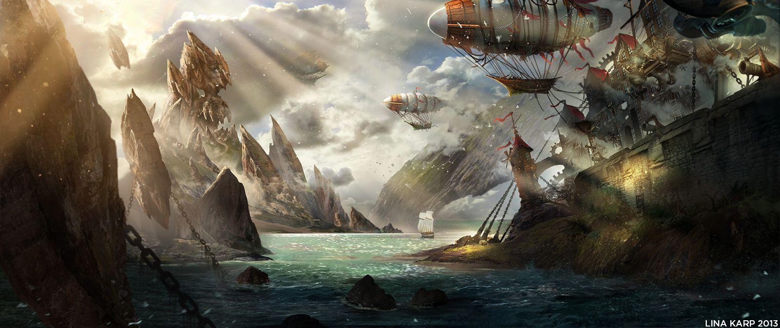 1600x673 Pirate bay. Steampunk art, Fantasy art landscapes, Steampunk wallpaper