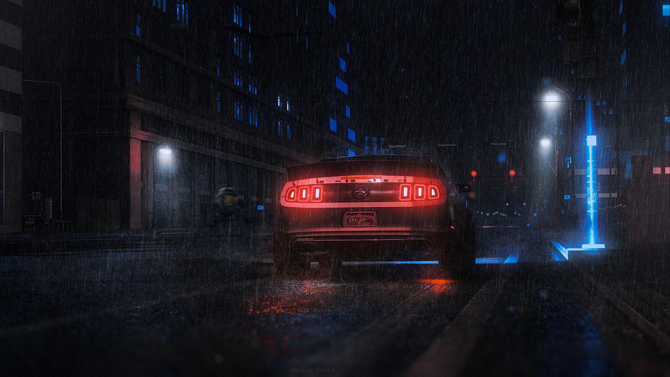 2560x1440 Download wallpaper 2560x1440 sports car, car, rear view, neon, rain widescreen 16:9 HD background