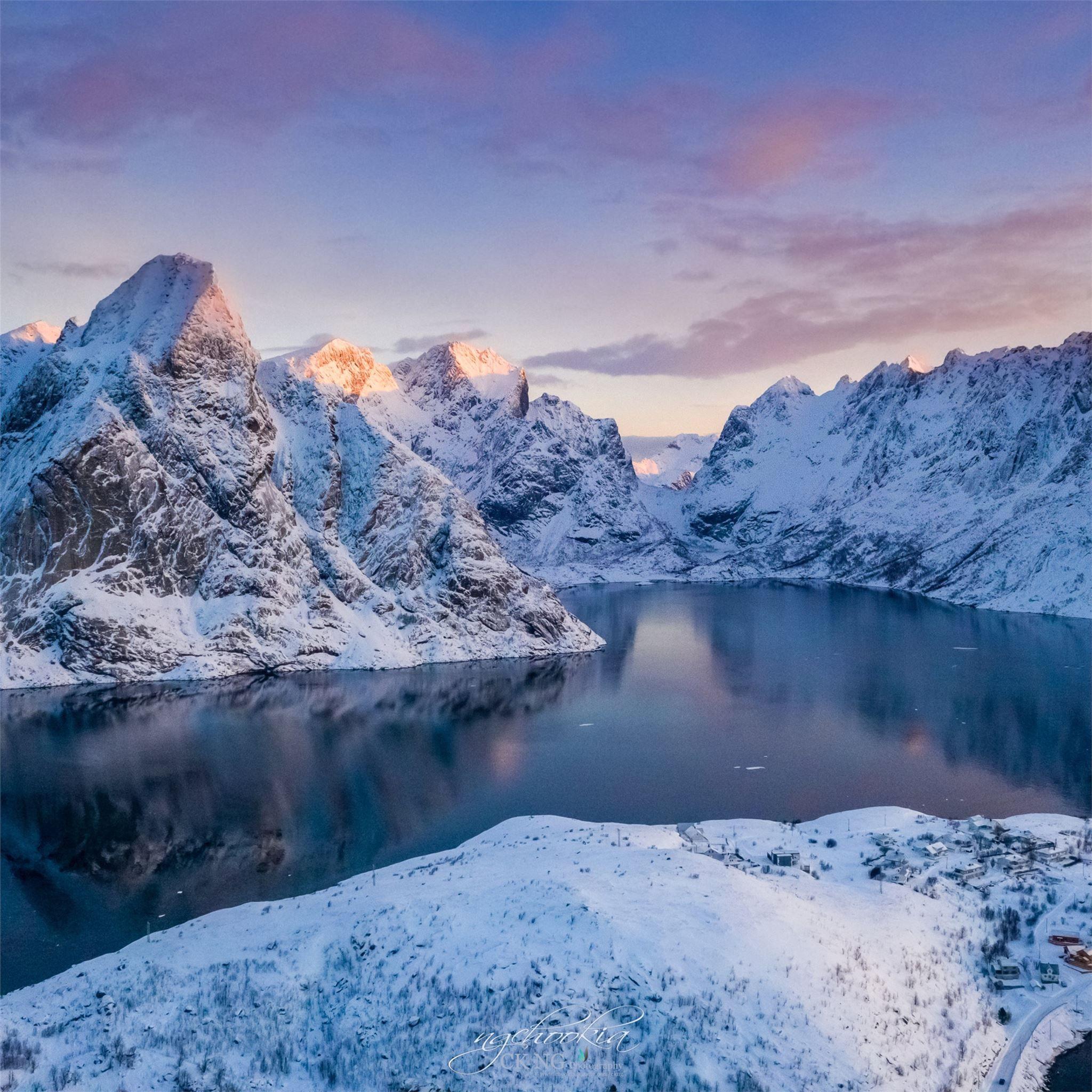 2048x2048 norway lofoten mountains winter bay snow iPad Wallpaper Free Download