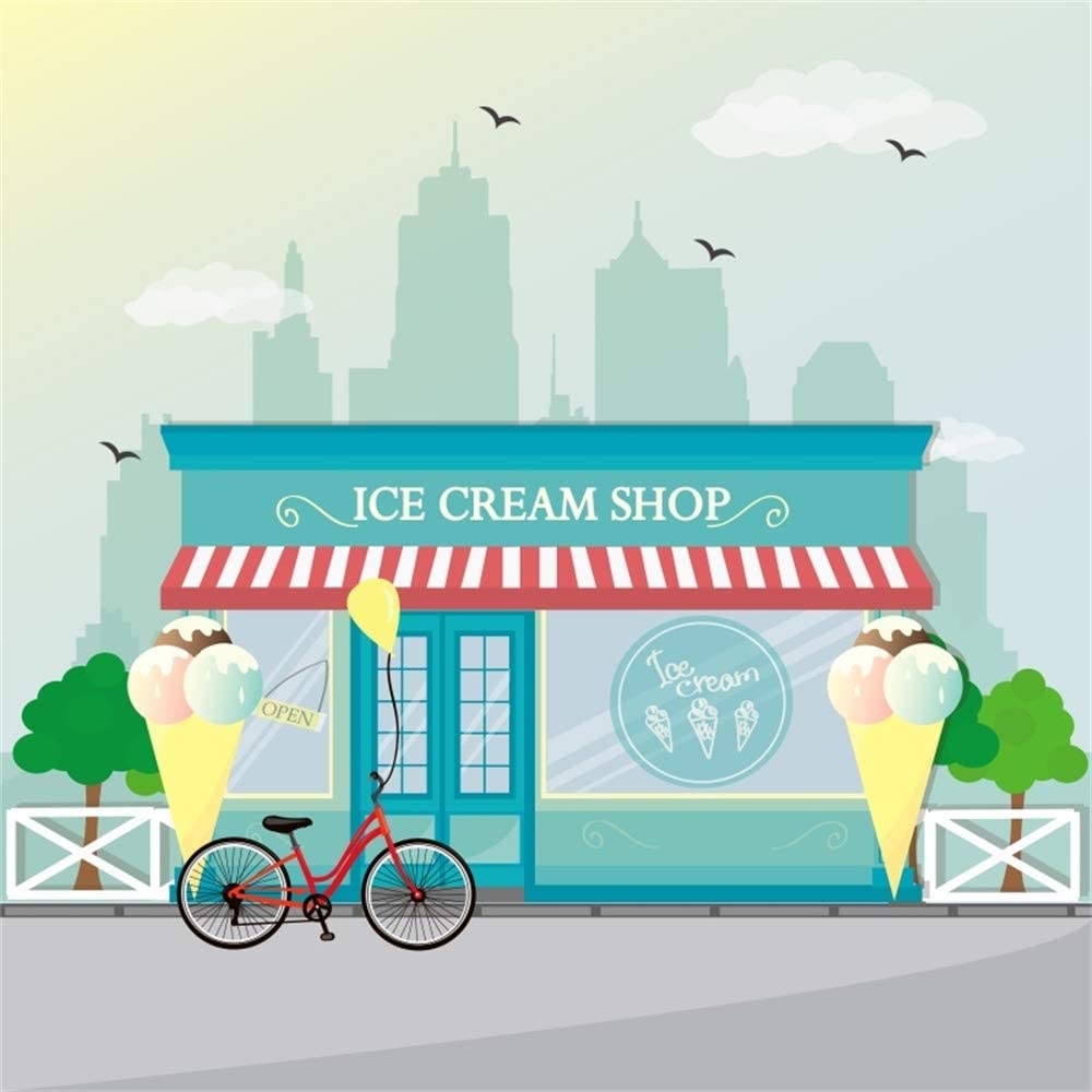 1000x1000 Amazon.com : AOFOTO 6x6ft Kids Cartoon Open Ice Cream Shop Backdrop Vinyl Street Bike Comic Sweets Store Background Baby Girl or Boy Birthday Baby Shower Photo Booth Newborn Photo Studio Props