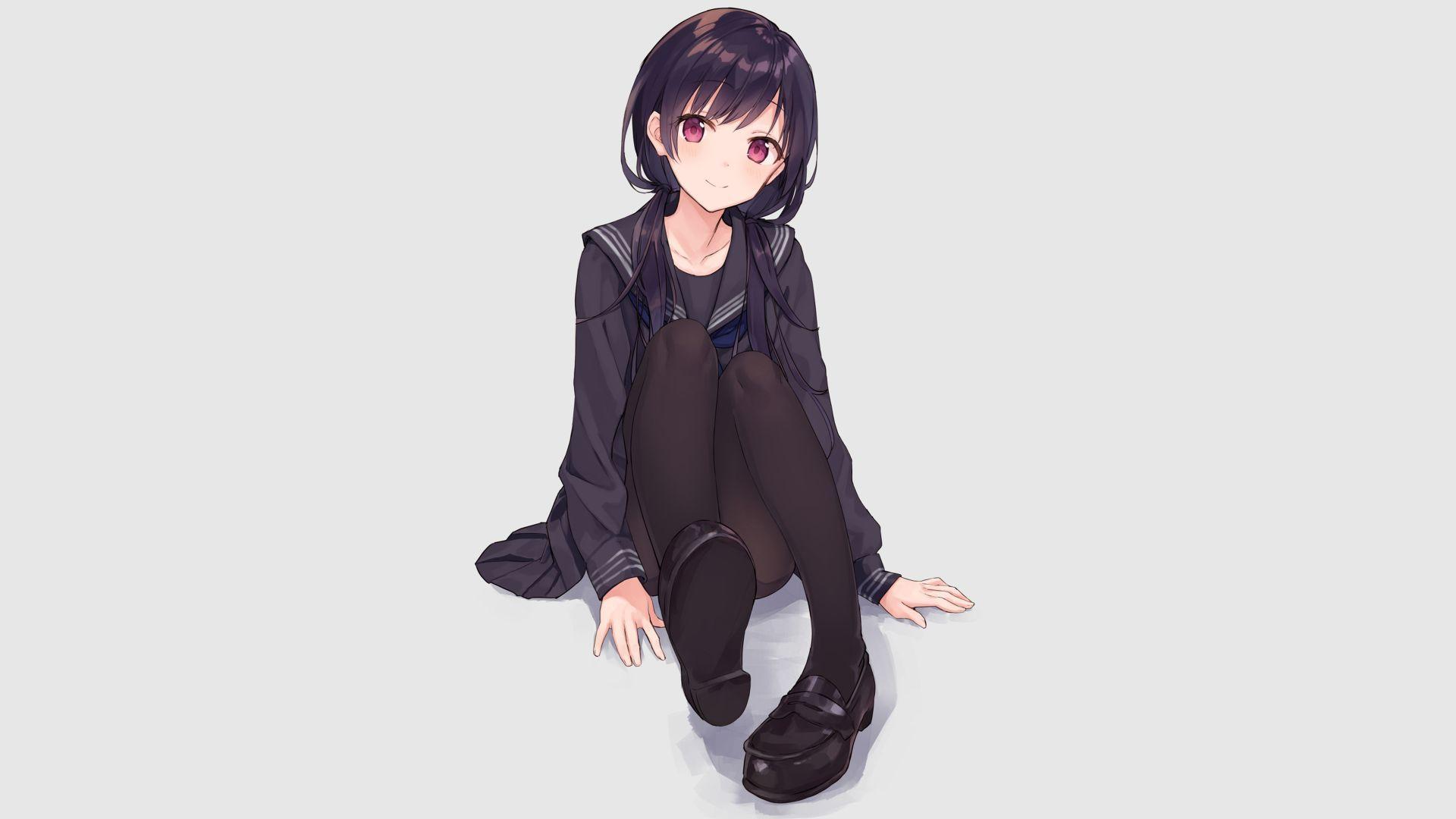 1920x1080 Desktop wallpaper cute, anime girl, red eyes, black uniform, HD image, picture, background, 84db2c