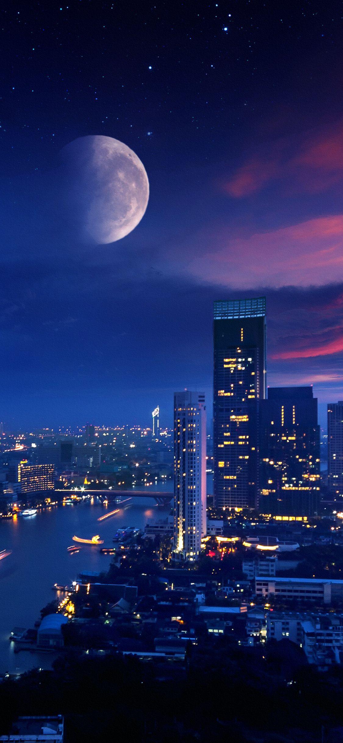 1125x2436 City Lights Moon Vibrant 4k iPhone XS, iPhone iPhone X HD 4k Wallpaper, Image, Background, Photo and Picture