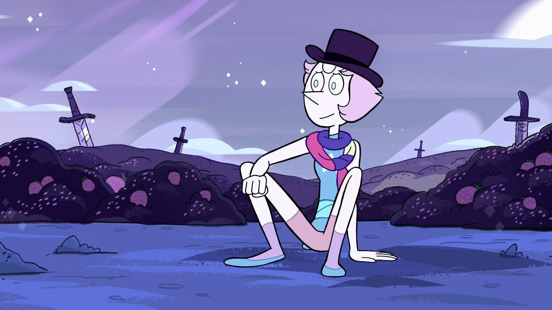 1920x1080 Steven Universe Pearl With Hat Sitting With Stabbing Swords On Side With Background Of Purple Sky HD Movies Wallpaper