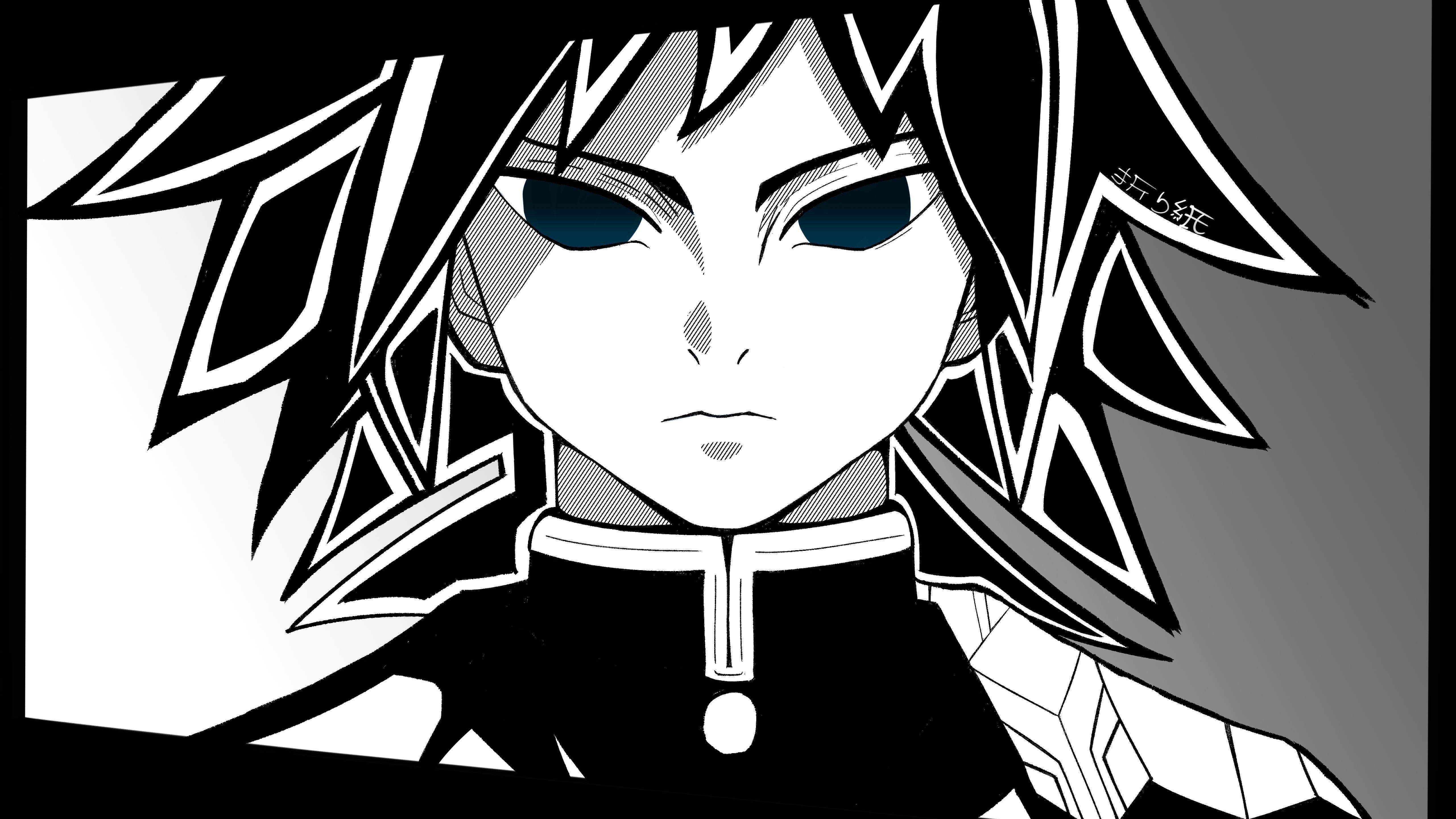 5120x2880 Demon Slayer Kimetsu no Yaiba On Black And White 4K 5K HD Anime Wallpaper