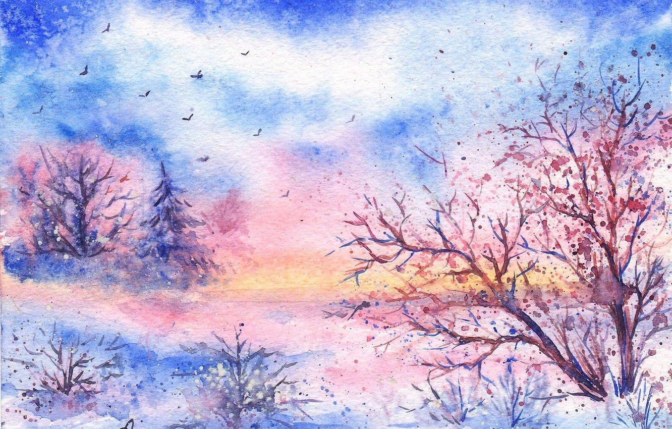 1332x850 Wallpaper winter, snow, trees, birds, watercolor, painted landscape image for desktop, section живопись
