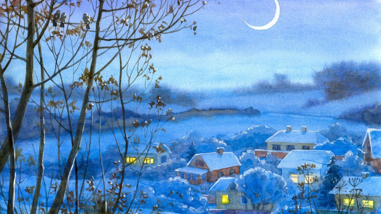 1244x700 Painting watercolor village winter night month wallpaperx1080