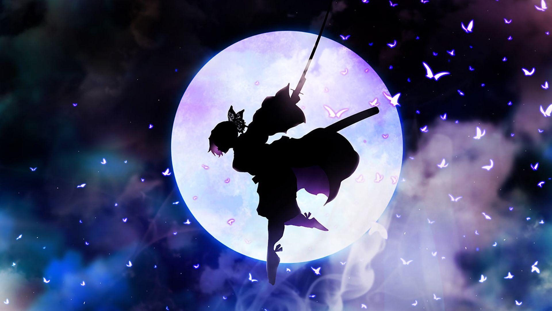 1920x1080 Demon Slayer Shinobu Kochou Flying With Sword With Background Of Dark Night Moon And Flying Butterflies HD Anime Wallpaper