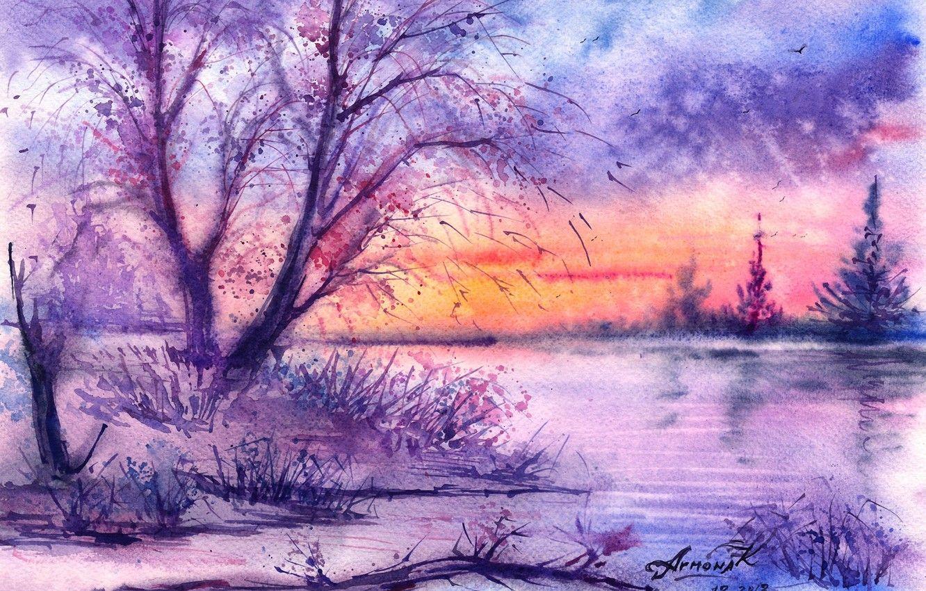 1332x850 Wallpaper winter, trees, birds, river, watercolor, painted landscape image for desktop, section живопись