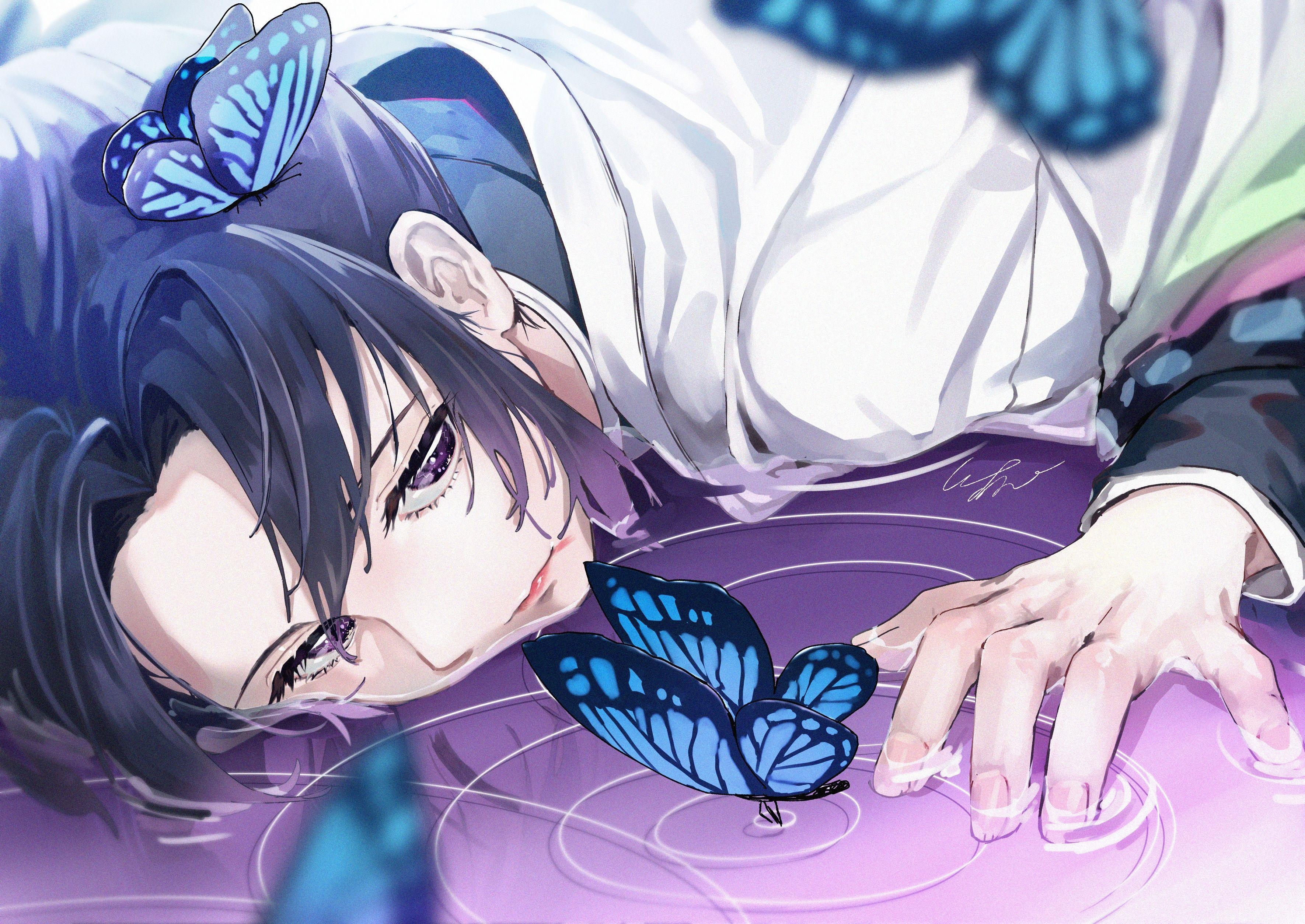 3541x2508 Download 3541x2508 Kochou Shinobu, Lying Down, Blue Butterflies, Kimetsu No Yaiba, Black Hair, Demon Slayer, Water Wallpaper