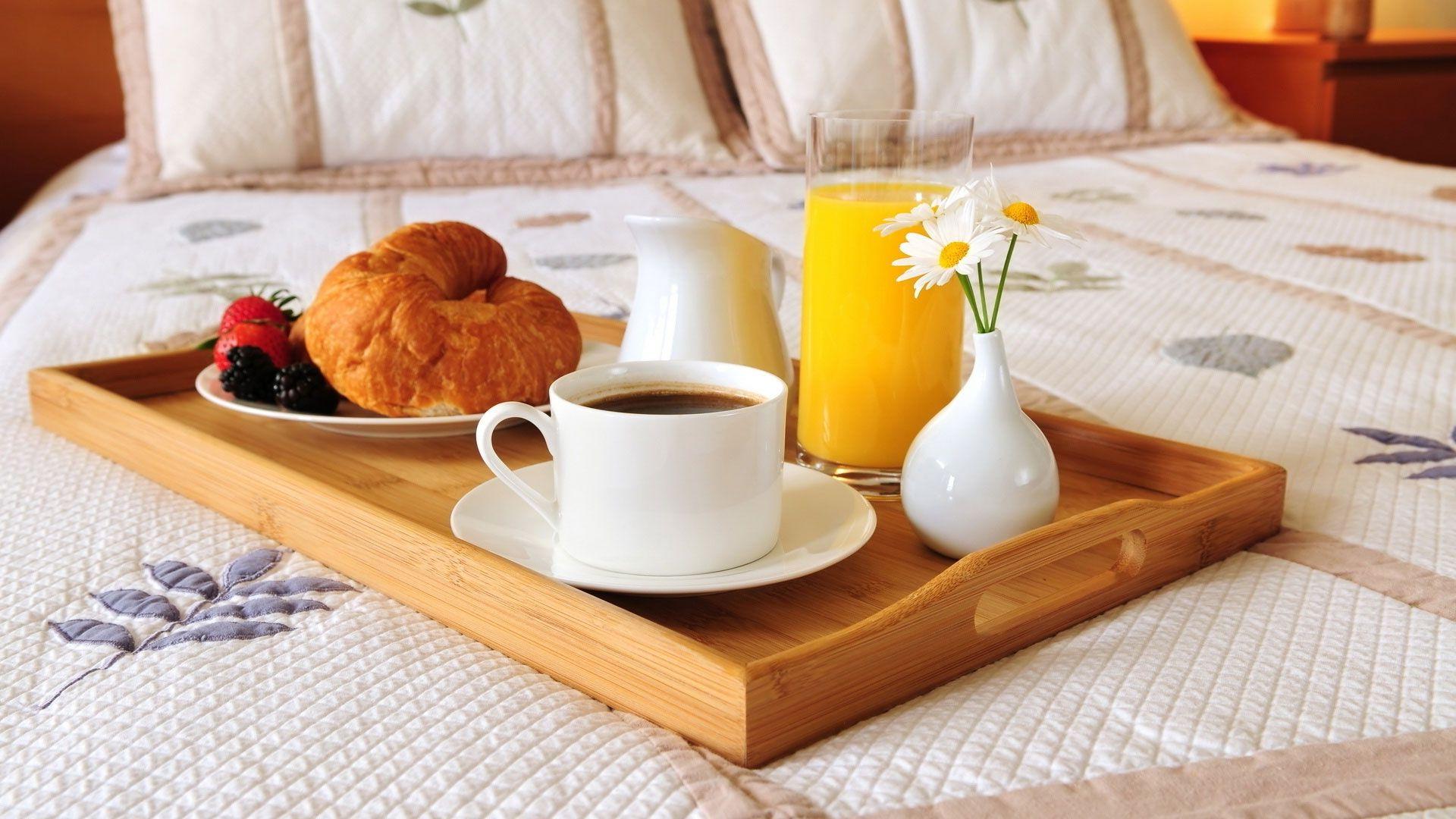 1920x1080 Download Wallpaper 1920x1080 breakfast, bed, coffee, croissants, juice, camomiles Full HD 1080p HD Background