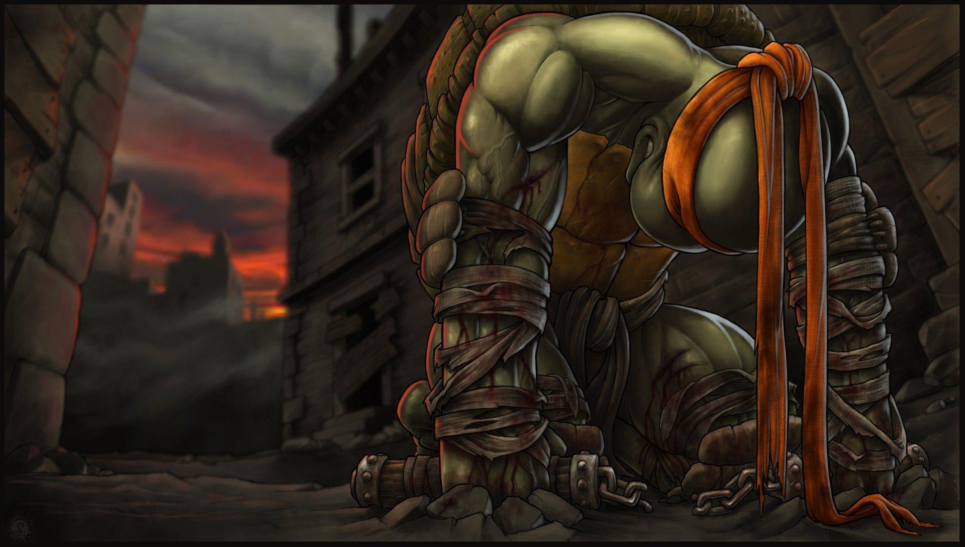 1940x1100 dark, ninjas, blood, orange, Teenage Mutant Ninja Turtles, sad