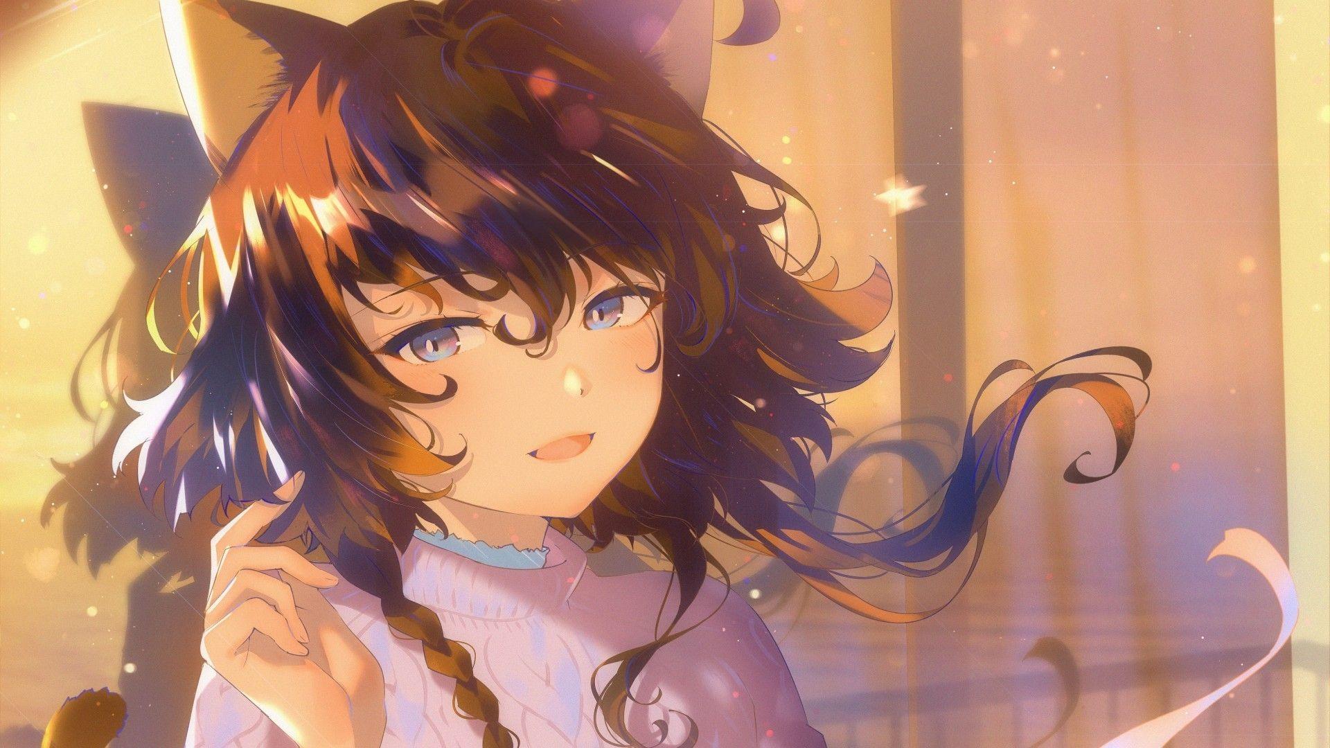 1920x1080 Download 1920x1080 Anime Cat Girl, Animal Ears, Nekomimi, Brown Hair, Braid Wallpaper for Widescreen