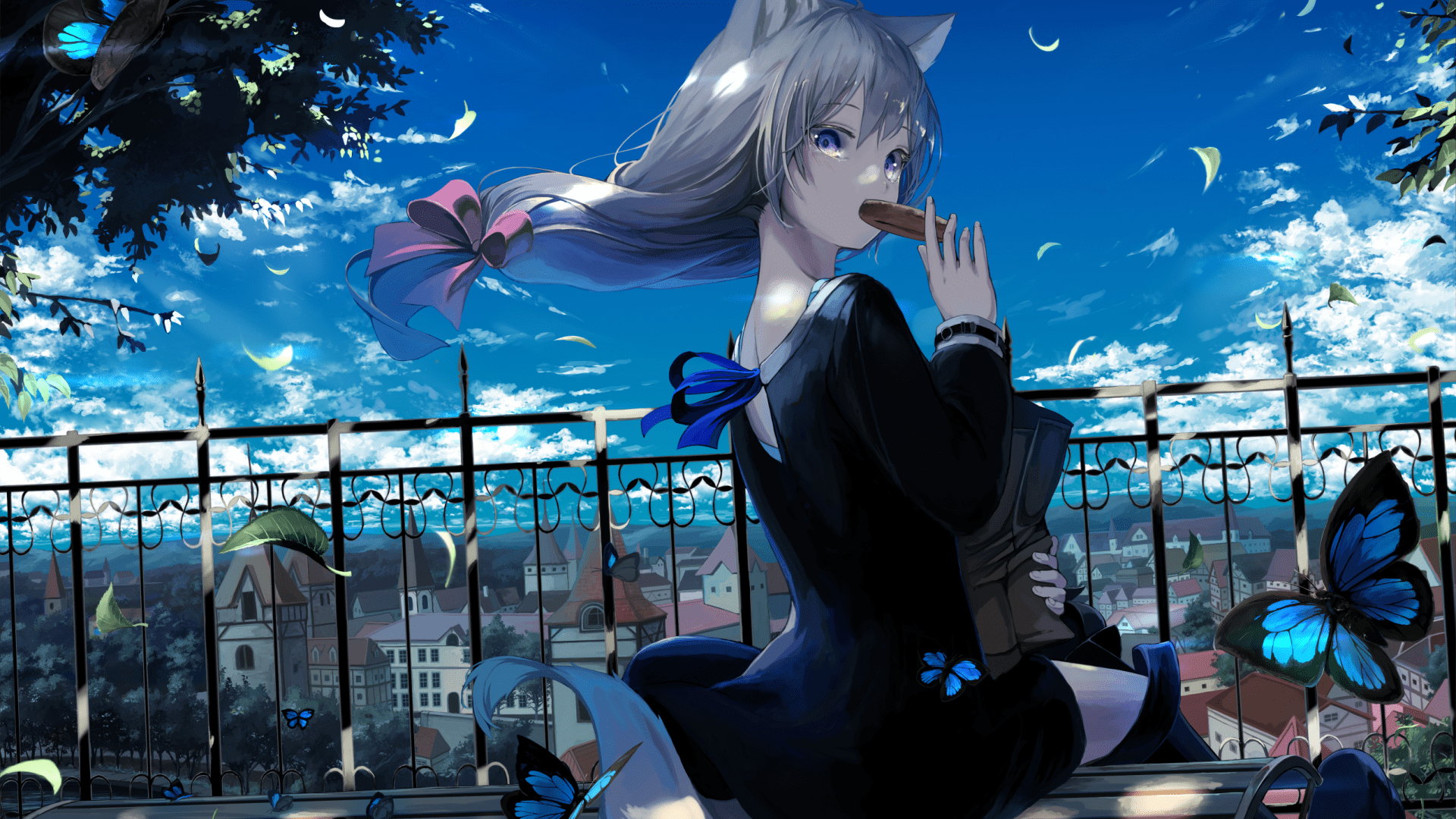 1920x1080 Download 1920x1080 Anime Cat Girl, Wind, City, Buildings, Fence, Clouds, Scenic Wallpaper for Widescreen