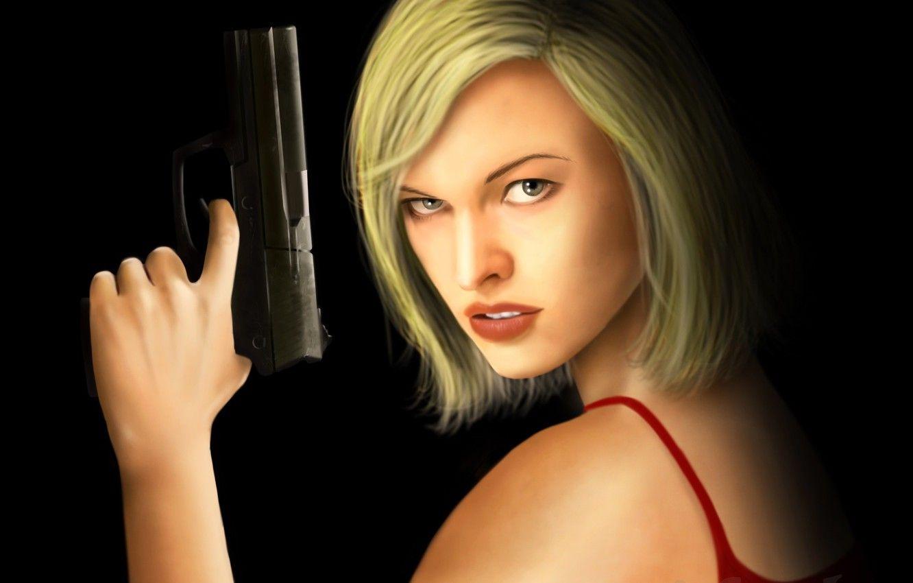 1332x850 Wallpaper look, girl, gun, haircut, black background, Resident Evil, Milla Jovovich, Alice image for desktop, section фильмы