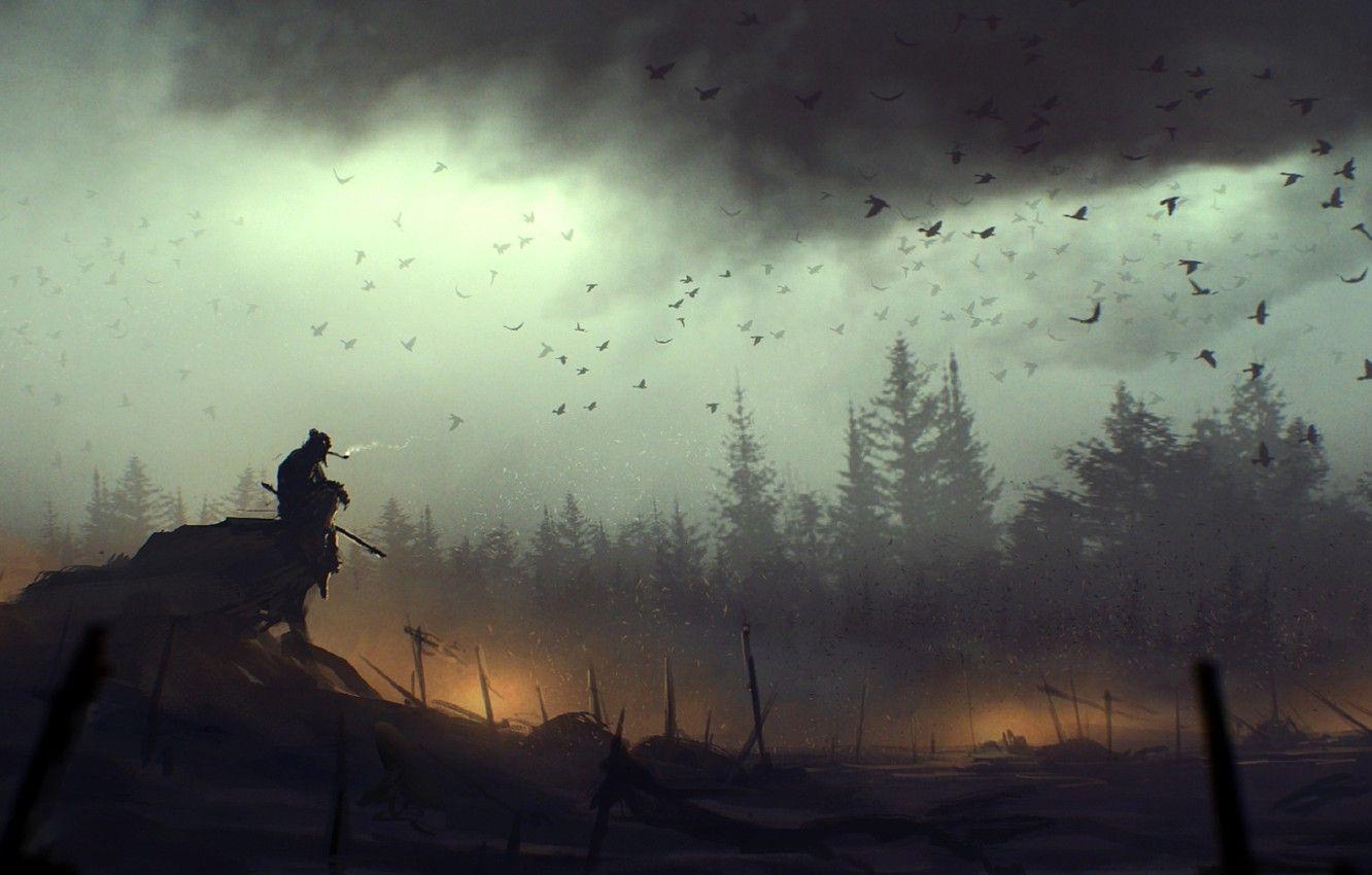 1332x850 Wallpaper birds, clouds, fire, art, death, battlefield, lonely image for desktop, section фантастика
