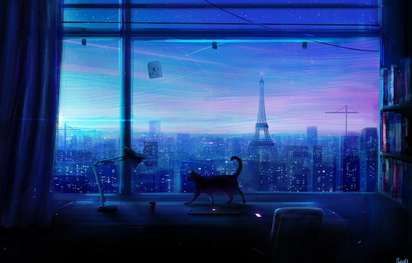 1332x850 Wallpaper cat, the city, room, window, art, skyscrapers, Lonely Night, Rico De Zoysa image for desktop, section арт