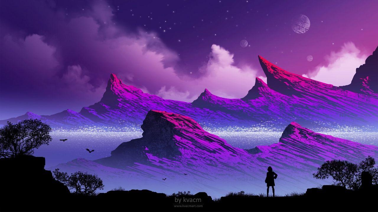 1280x720 Wallpaper silhouette, mountains, clouds, art, fog, loneliness, #background #wallpaper #art #wallpaper #like #s #background #dark #tumblr #drawing #wh. 배경화면, 보라색
