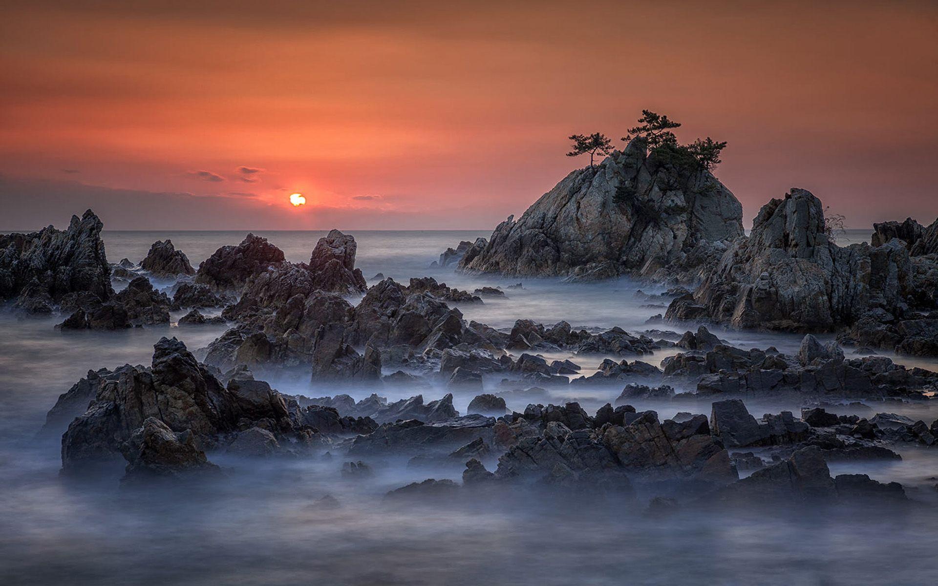 1920x1200 Sunrise Oceans Coast Rock Waves Samcheok Si South Korea Desktop HD Wallpaper For Pc Tablet And Mobile Download :