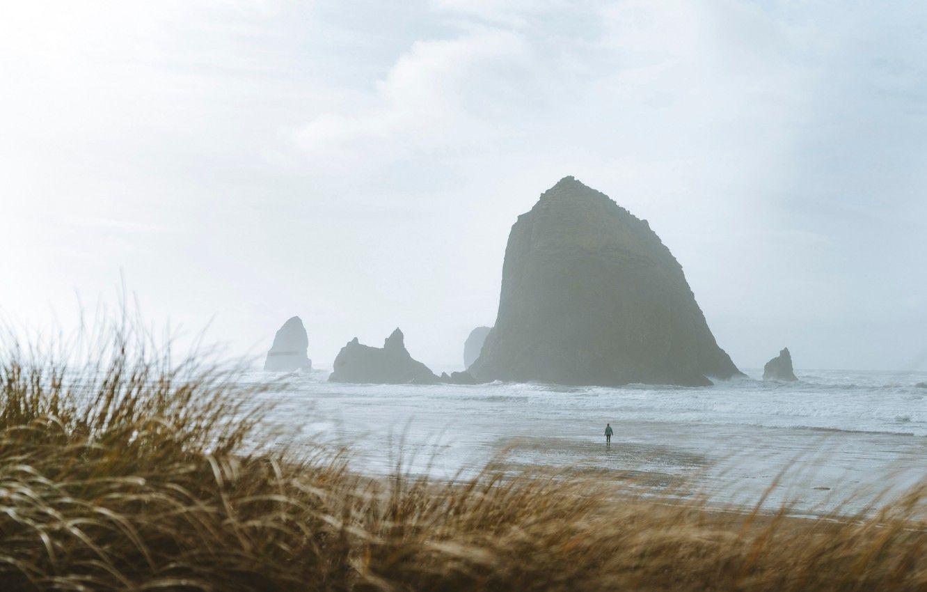 1332x850 Wallpaper waves, girl, Oregon, sea, ocean, coast, nature, woman, water, rocks, landscapes, fog, sand, shore, silhouette, walking image for desktop, section пейзажи