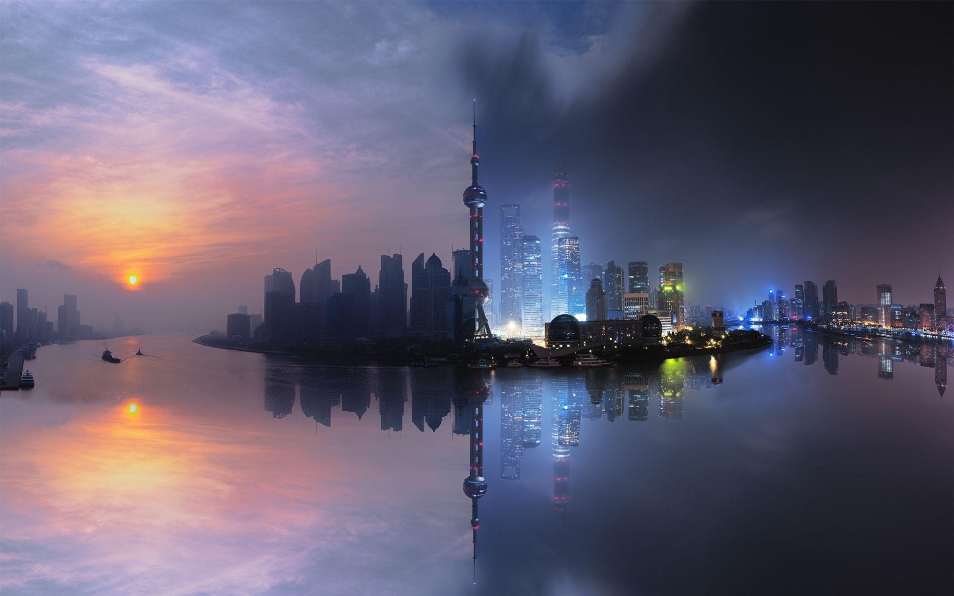 1920x1200 China, City, Shanghai, Day, Night, Sunset wallpaper