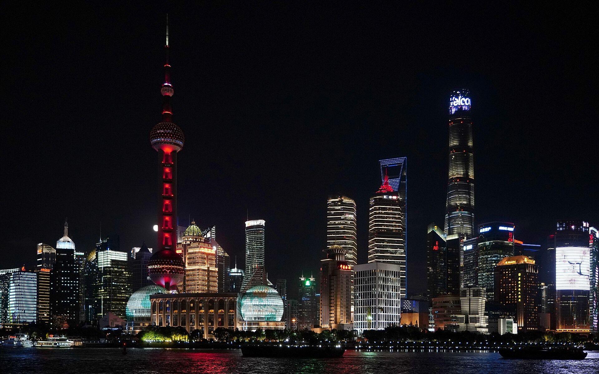 1920x1200 Wallpaper Shanghai beautiful night cityscape, river, skyscrapers, lights 1920x1200 HD Picture, Image