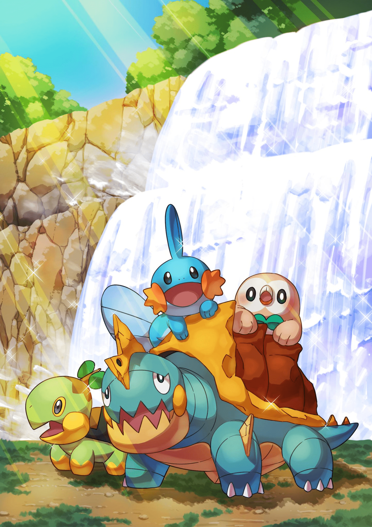 1444x2048 Mudkip, Turtwig, Rowlet and Drednaut