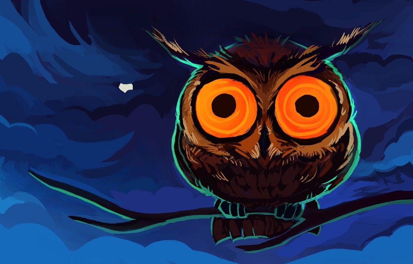1332x850 Wallpaper eyes, clouds, orange, blue, owl, the moon, figure, branch, brown image for desktop, section животные