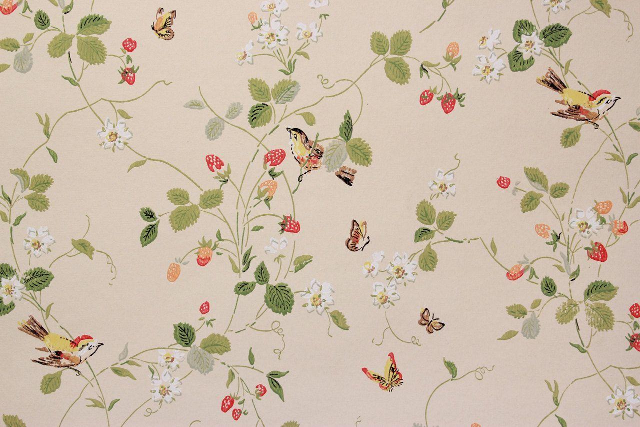 1280x853 1970&;s Vintage Wallpaper Strawberry Vine Butterflies Birds on Cream Background. Vintage wallpaper, Antique wallpaper, Wallpaper vintage