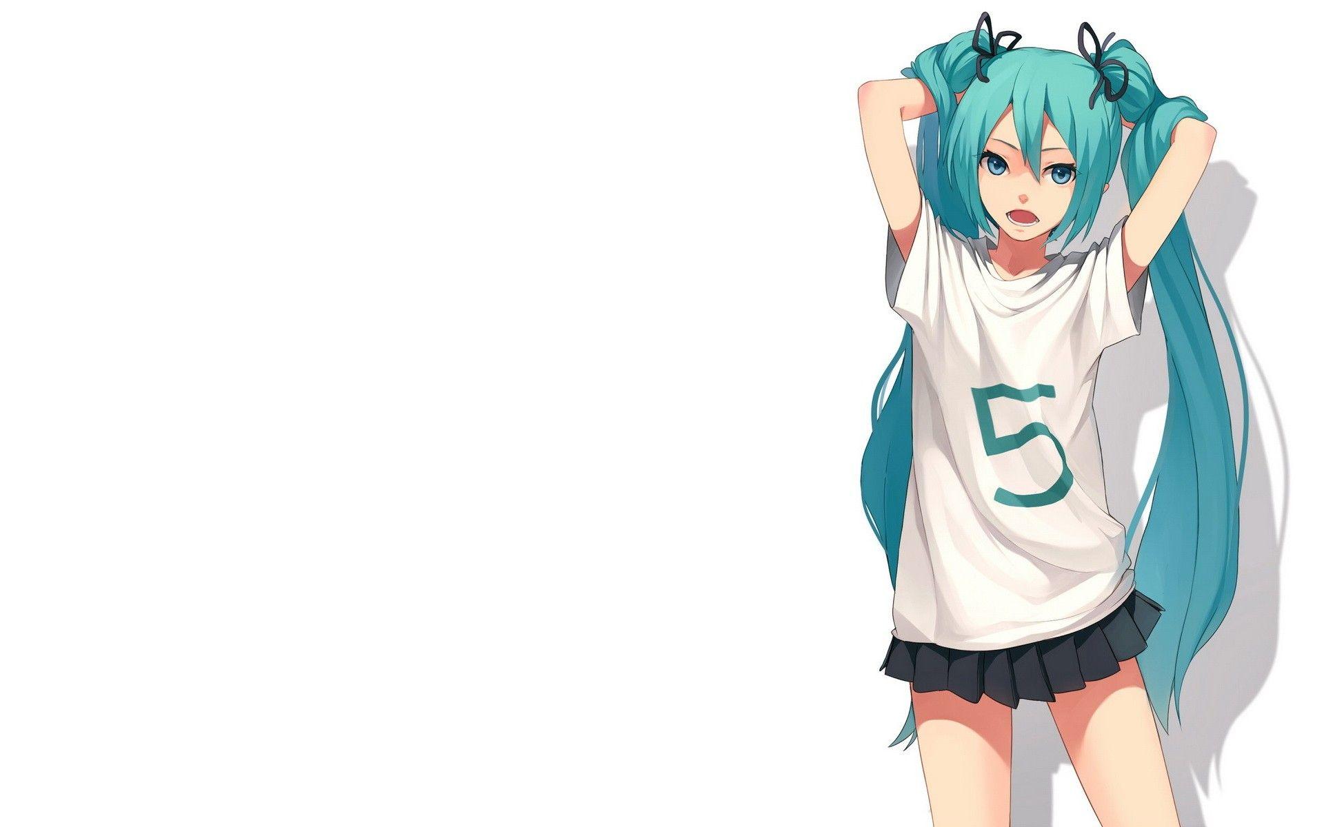 1920x1200 Vocaloid, Hatsune Miku, Blue Eyes, Skirts, Long Hair, Ribbons, Shadows, Green Hair, Twintails, T Shirts, Open Mouth, Simple Background, Anime Girls, White Background, Hair Ornaments, Cyan Hair, Bangs, Fkey Wallpaper