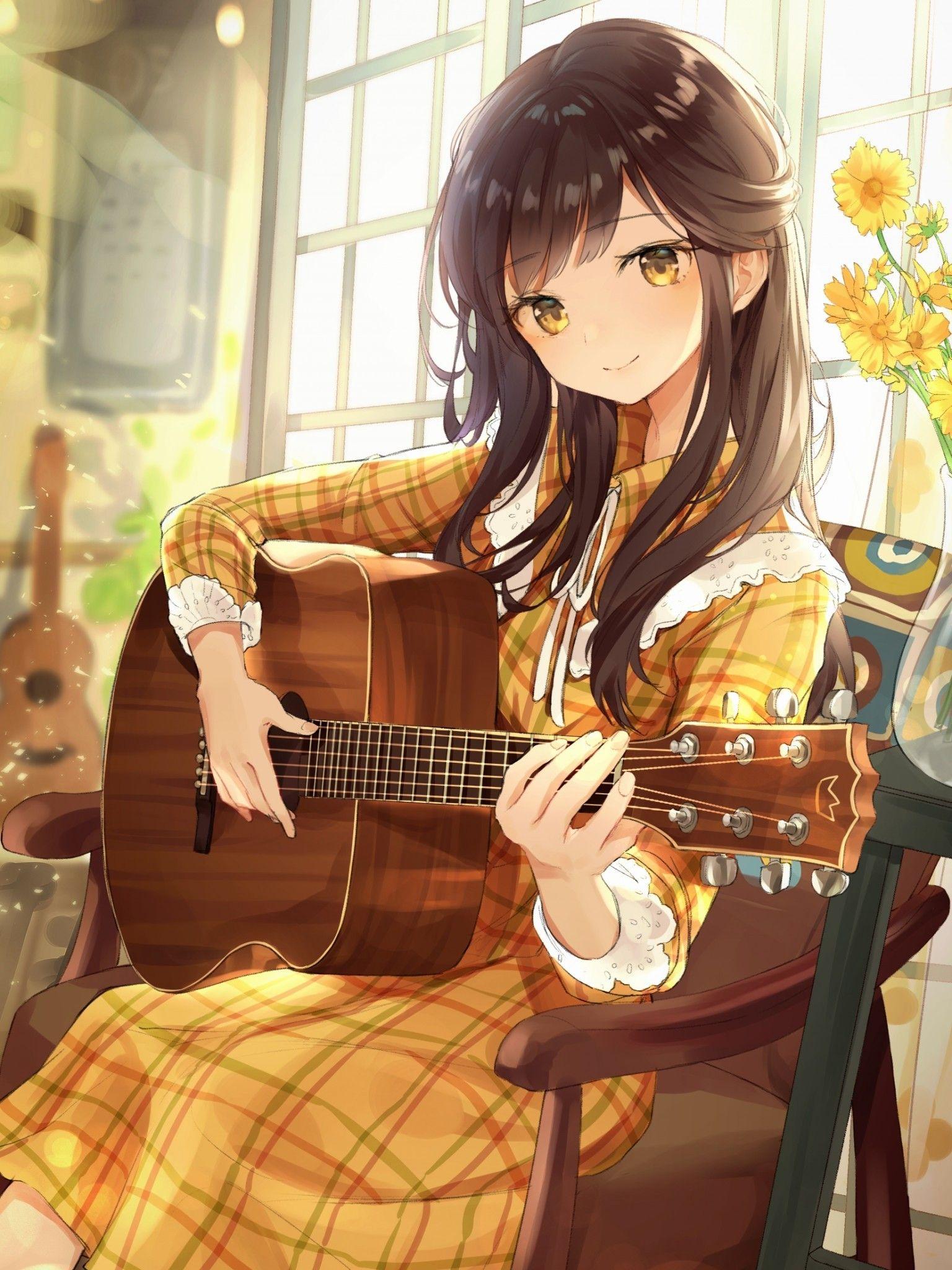 1536x2048 Anime Girl, Playing Guitar, Instrument, Music, Cute, Girl Playing Instruments HD Wallpaper