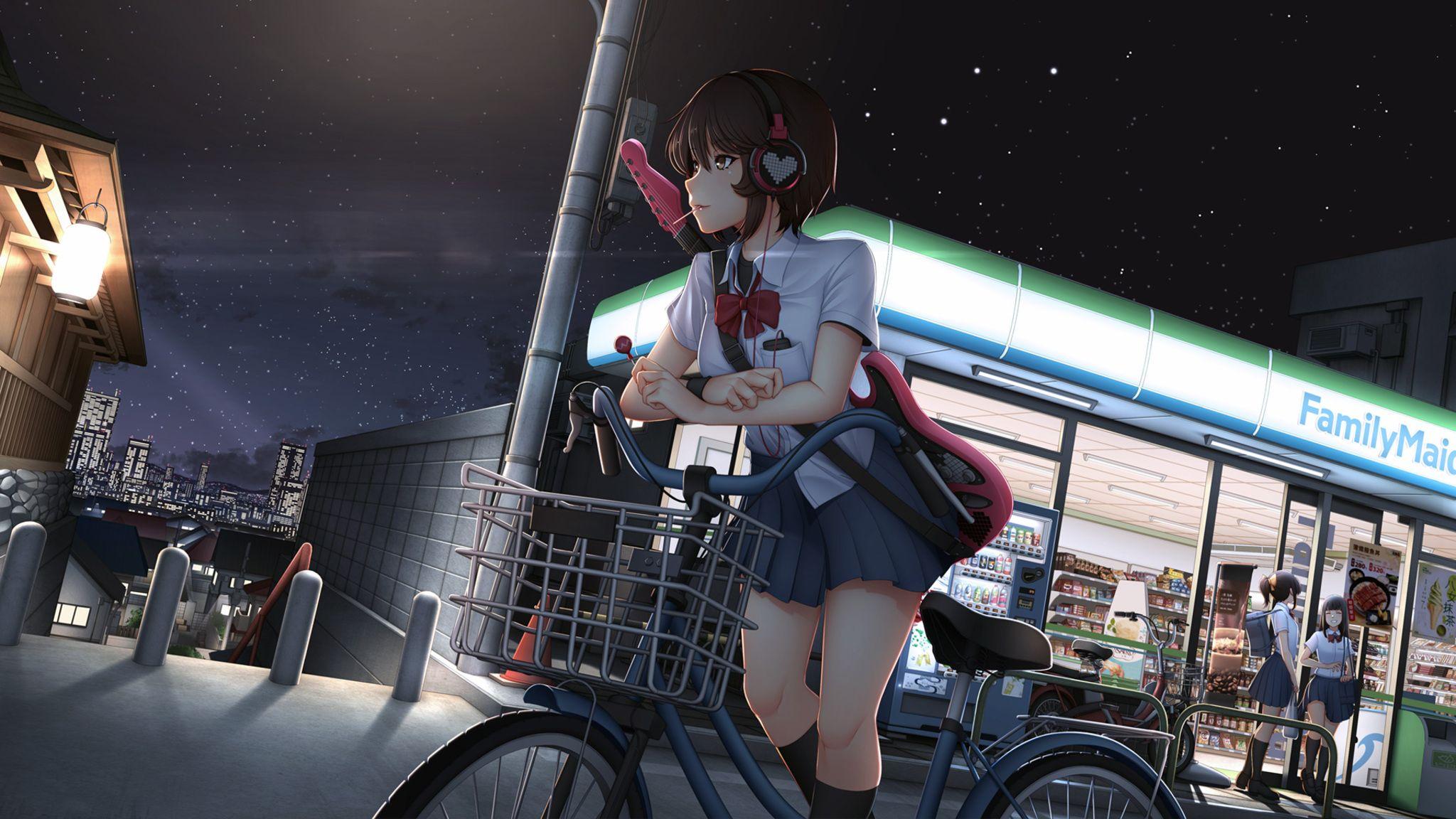2048x1152 Cute Anime Girl With Bicycle Listening Music On Headphones 2048x1152 Resolution HD 4k Wallpaper, Image, Background, Photo and Picture