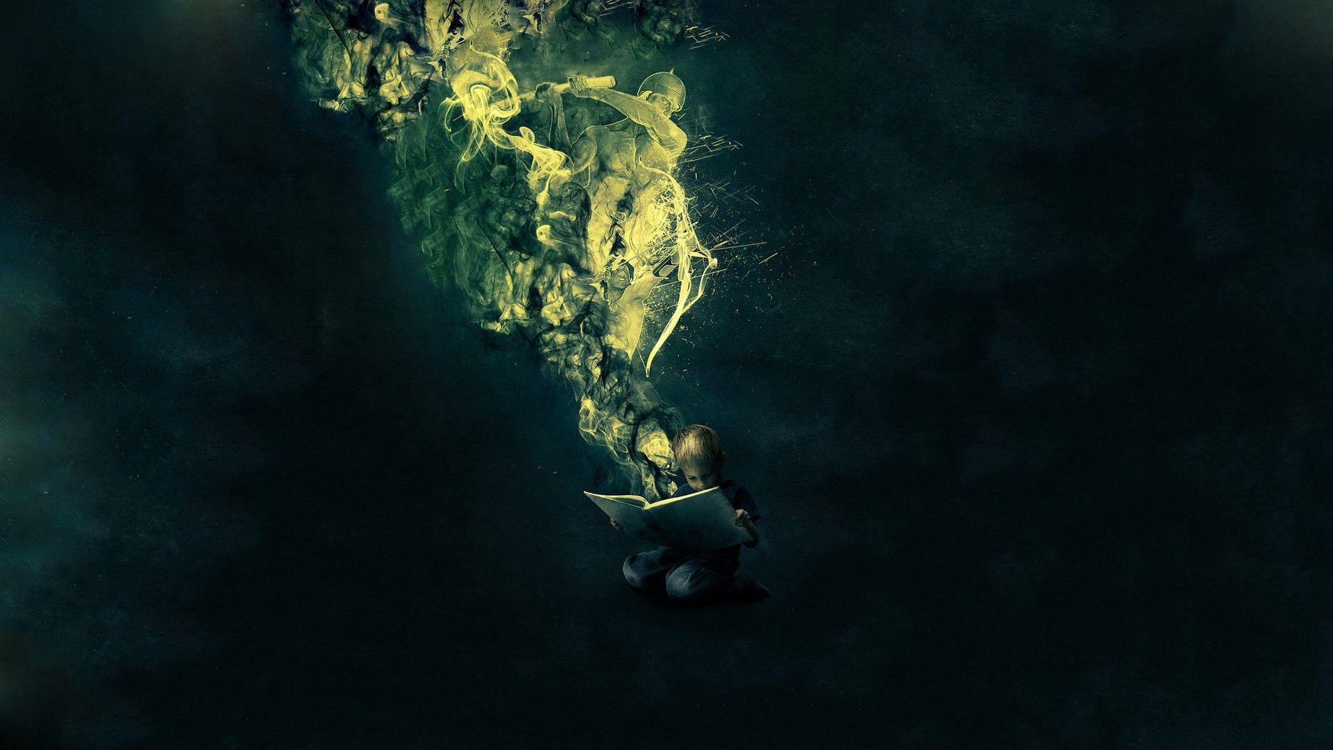 1920x1080 abstract, reading, fantasy art, books, imagination, simple background wallpaper
