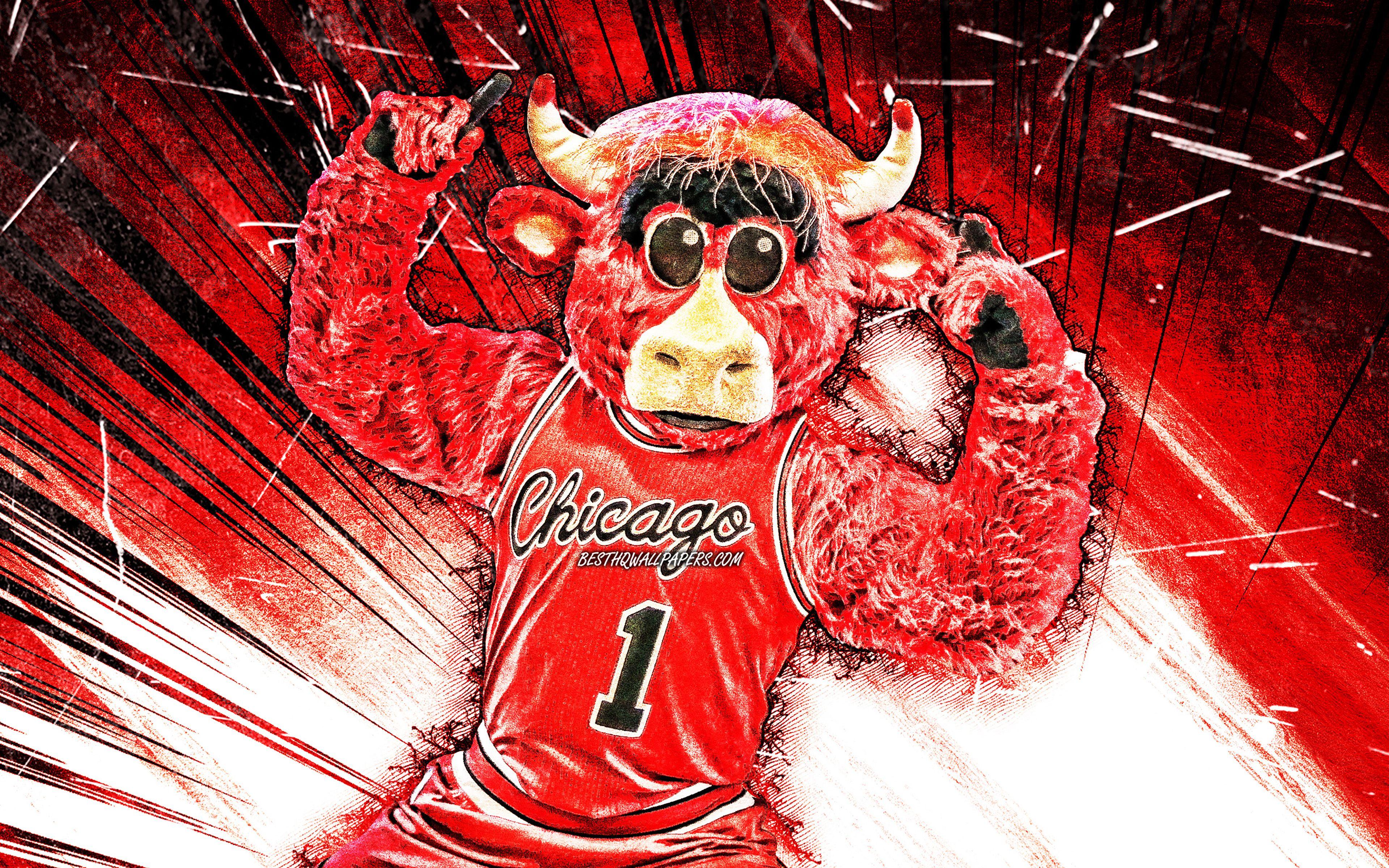 3840x2400 Download wallpaper 4k, Benny the Bull, grunge art, mascot, Chicago Bulls, red abstract rays, NBA, creative, USA, Chicago Bulls mascot, Benny, NBA mascots, official mascot, Benny mascot for desktop with resolution 3840x2400