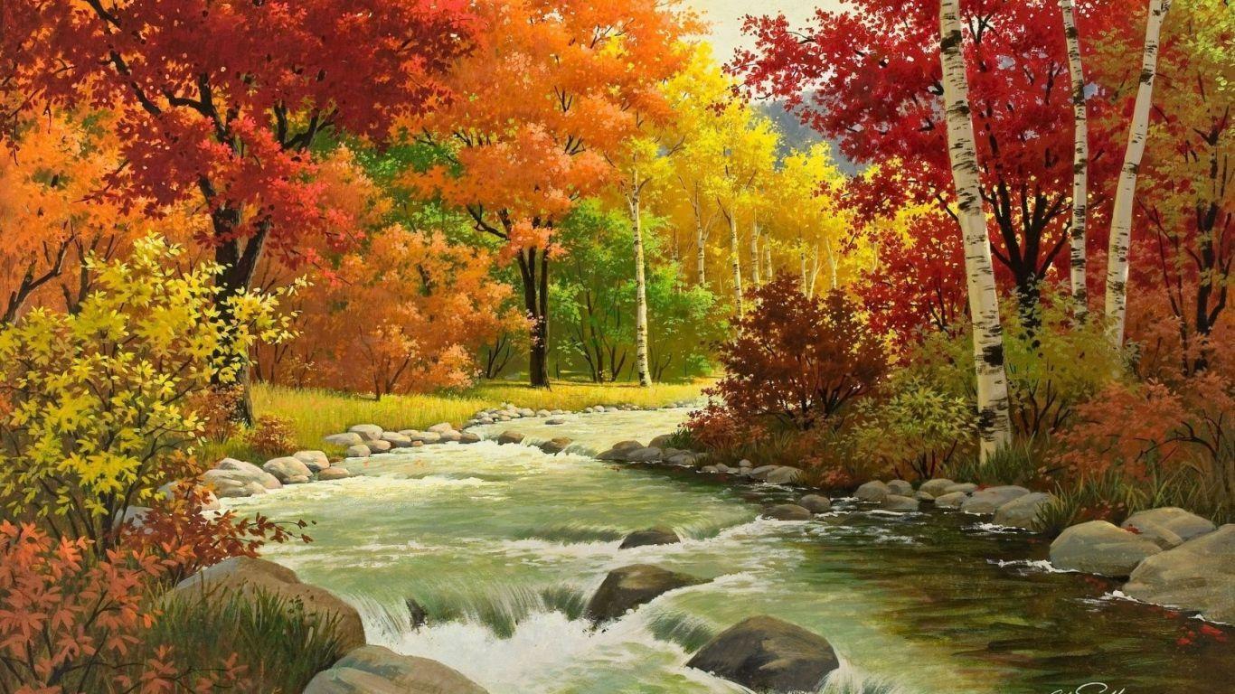 1366x768 Download Wallpaper 1366x768 Autumn, Landscape, Painting, River, Wood lapx768 HD Background. Landscape wallpaper, Autumn landscape, Oil painting landscape
