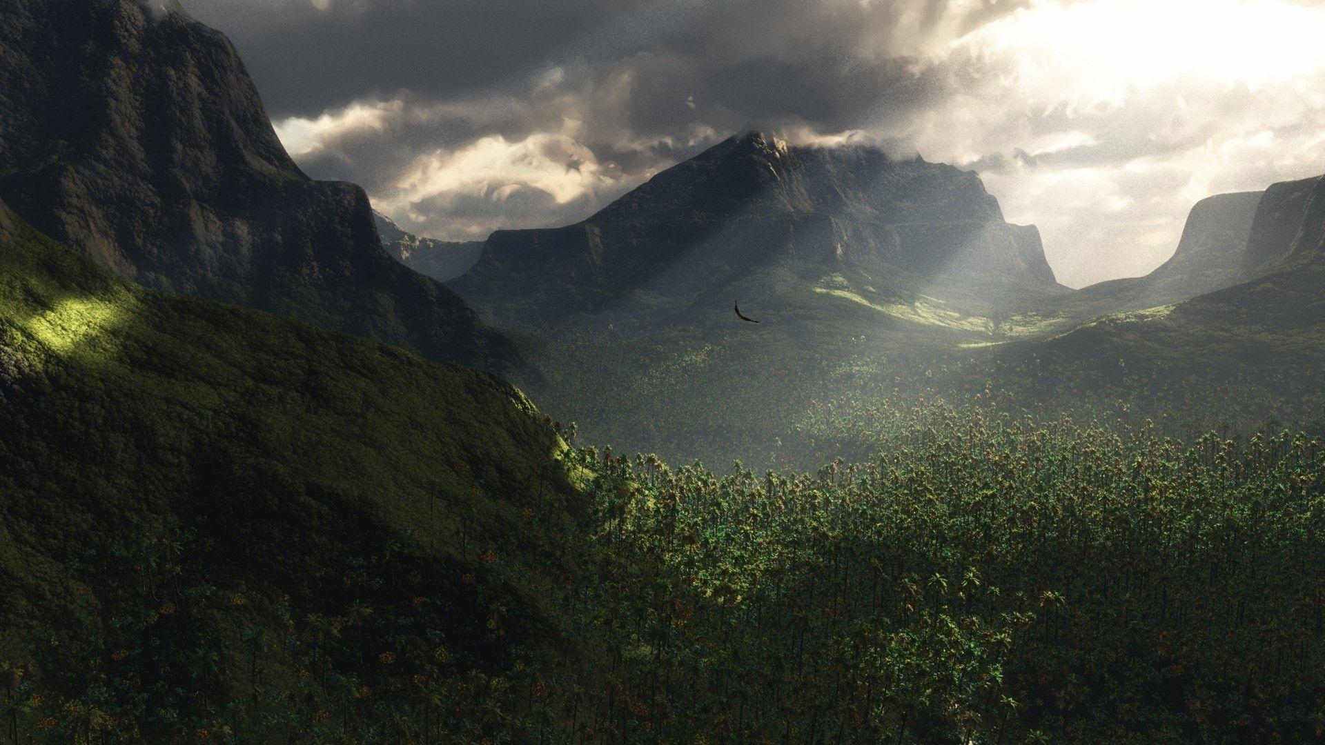 1920x1080 clouds, landscapes, nature, trees, rain, birds, suite wallpaper