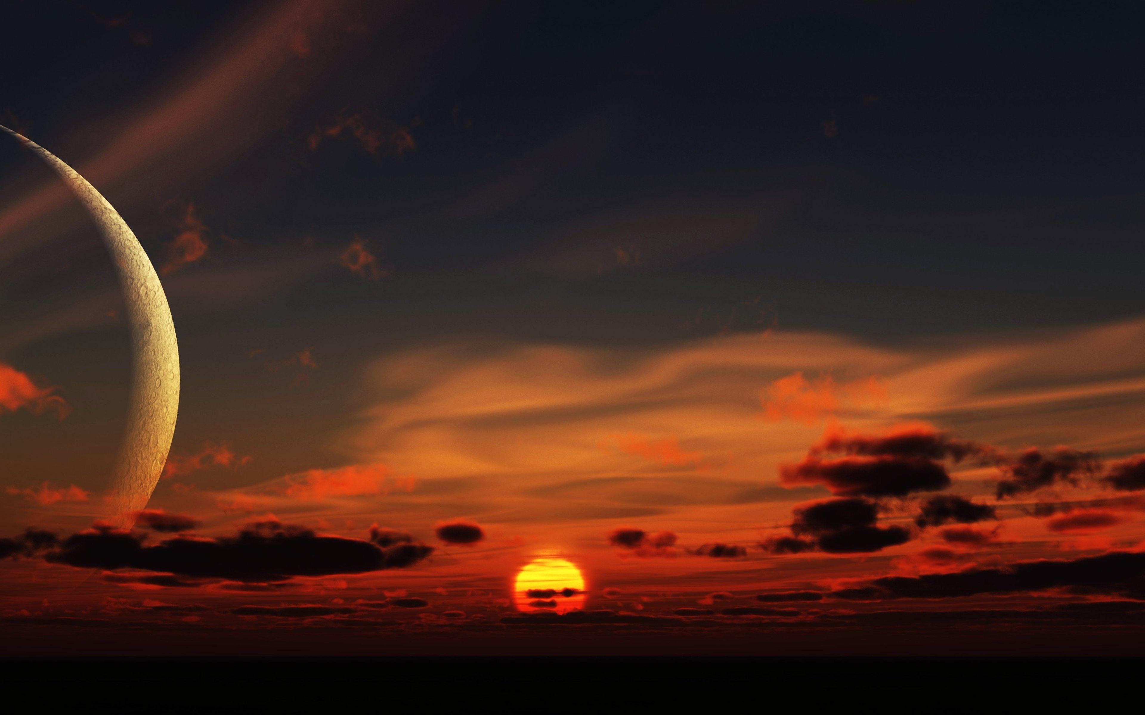 3840x2400 Fantasy, Space, Moon, Sunset, Sky, Clouds, Landscape, Sunset Picture HD Wallpaper & Background Download