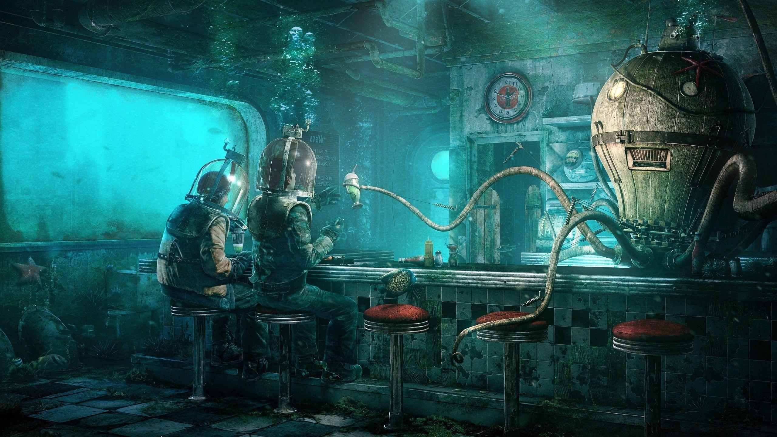2560x1440 fantasy art blue underwater fictional HD wallpaper, Background