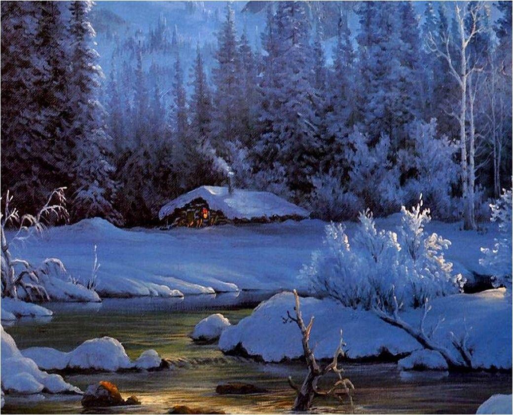 1040x841 Winter: Winter Snow River Painting Cottage Wallpaper Tablet for HD