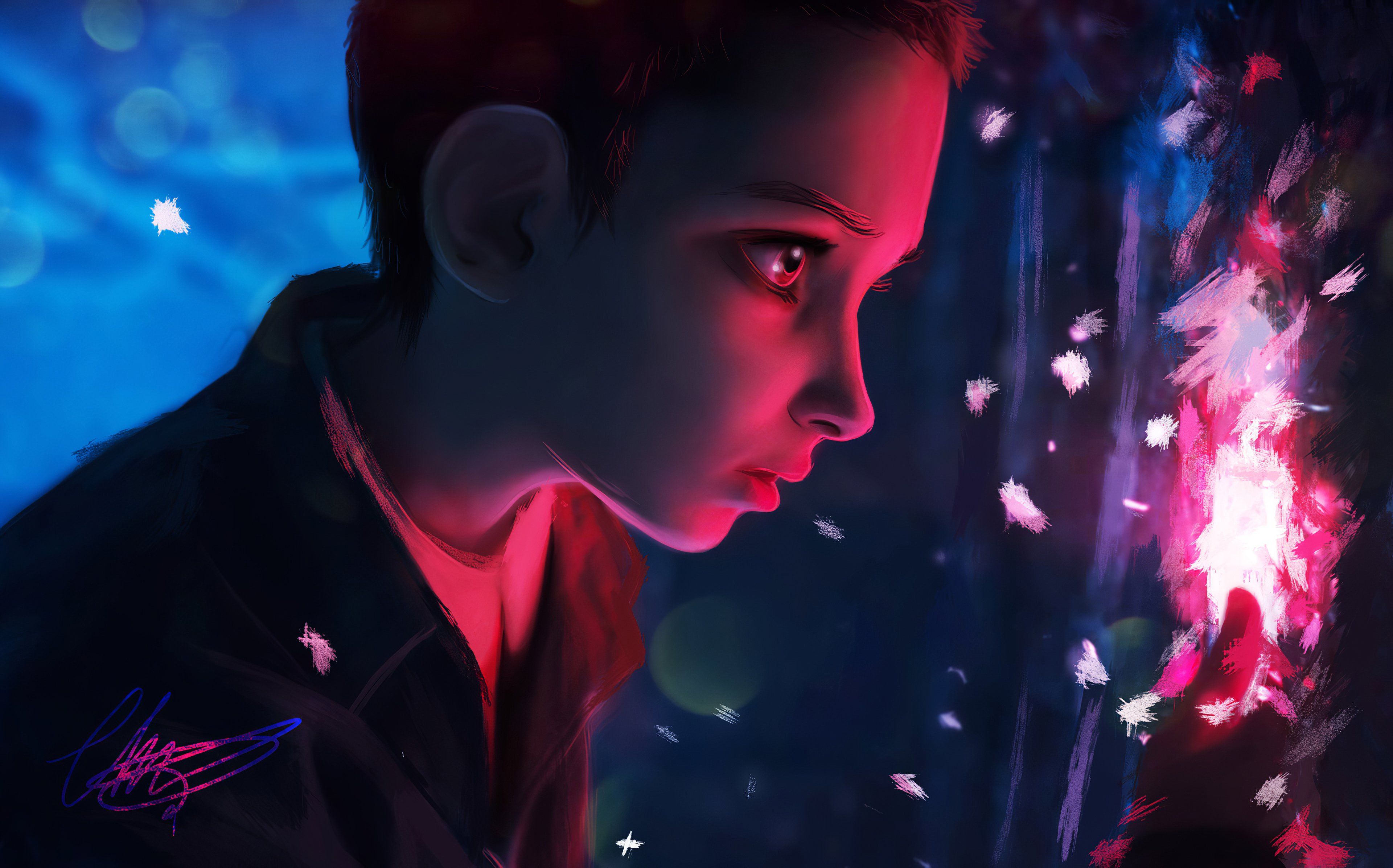 3840x2394 Eleven from Stranger things looking at a light Wallpaper 4K for Desktop