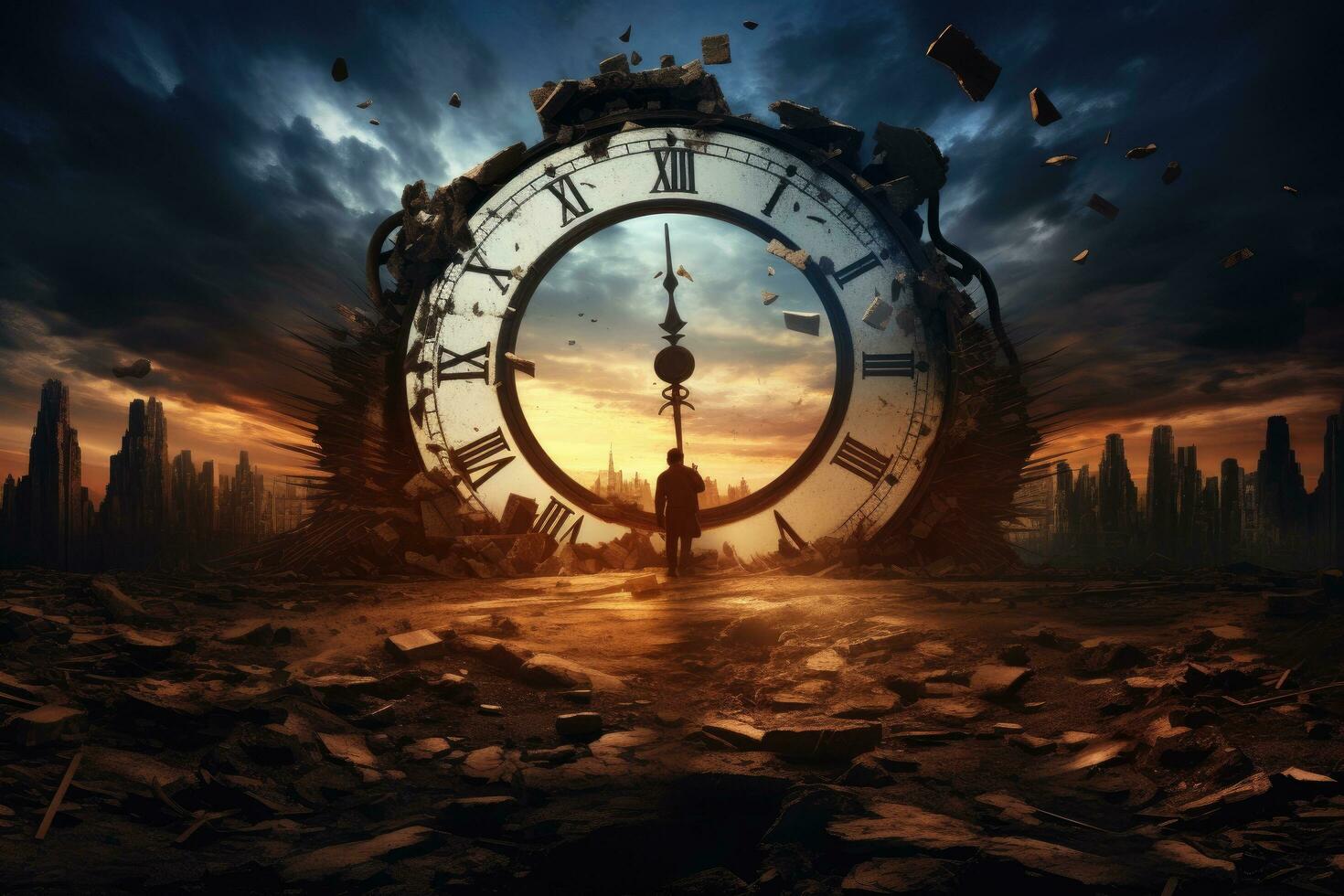 1470x980 Silhouette of a businessman standing in front of a huge clock, end of time, AI Generated
