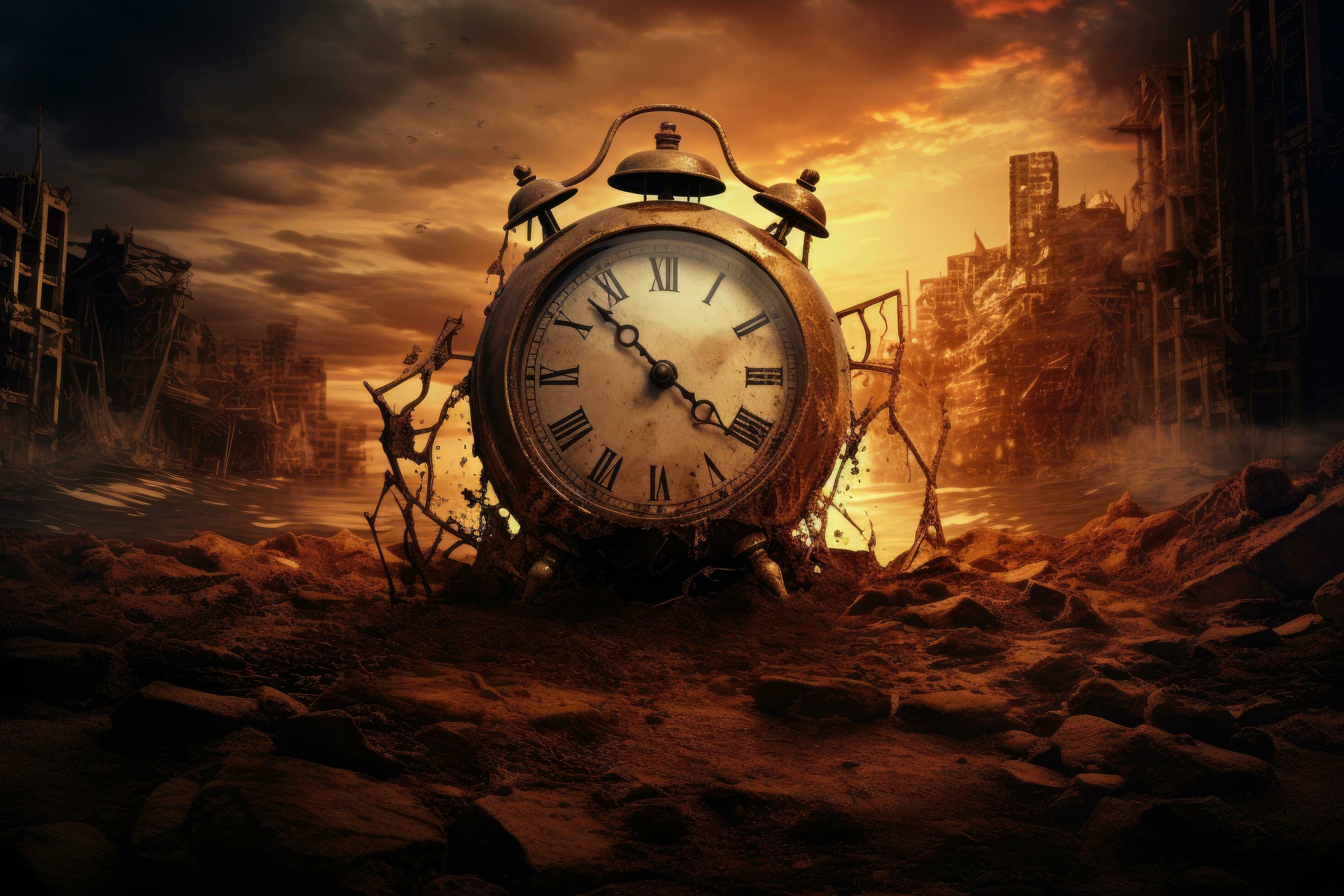 2940x1960 Time is running out of time. Abandoned city at sunset, end of time, AI Generated