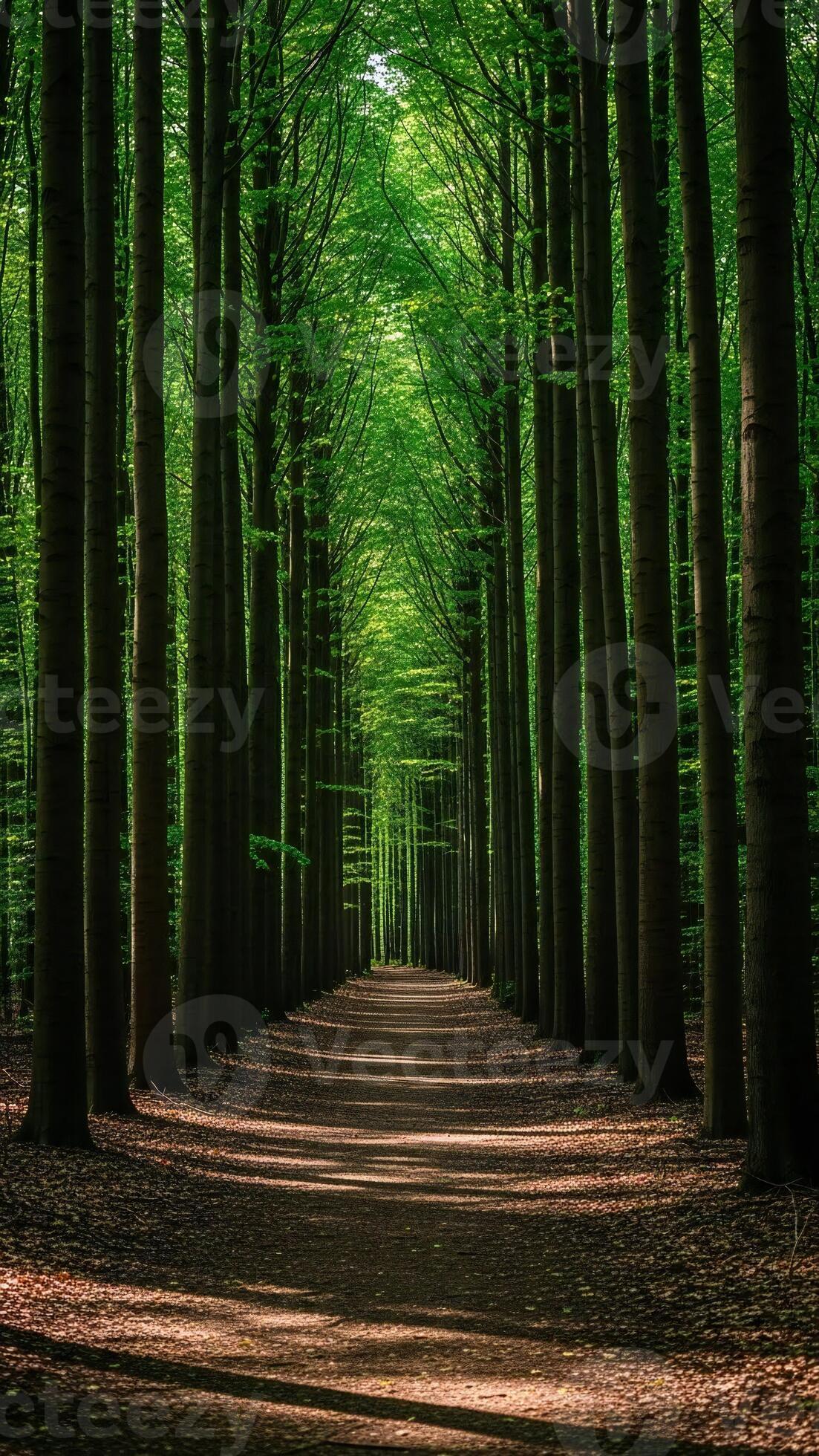 1103x1960 Nature wallpaper, Nature landscape, A sun dappled dirt path winds through a dense forest with tall green trees and dappled sunlight on the ground