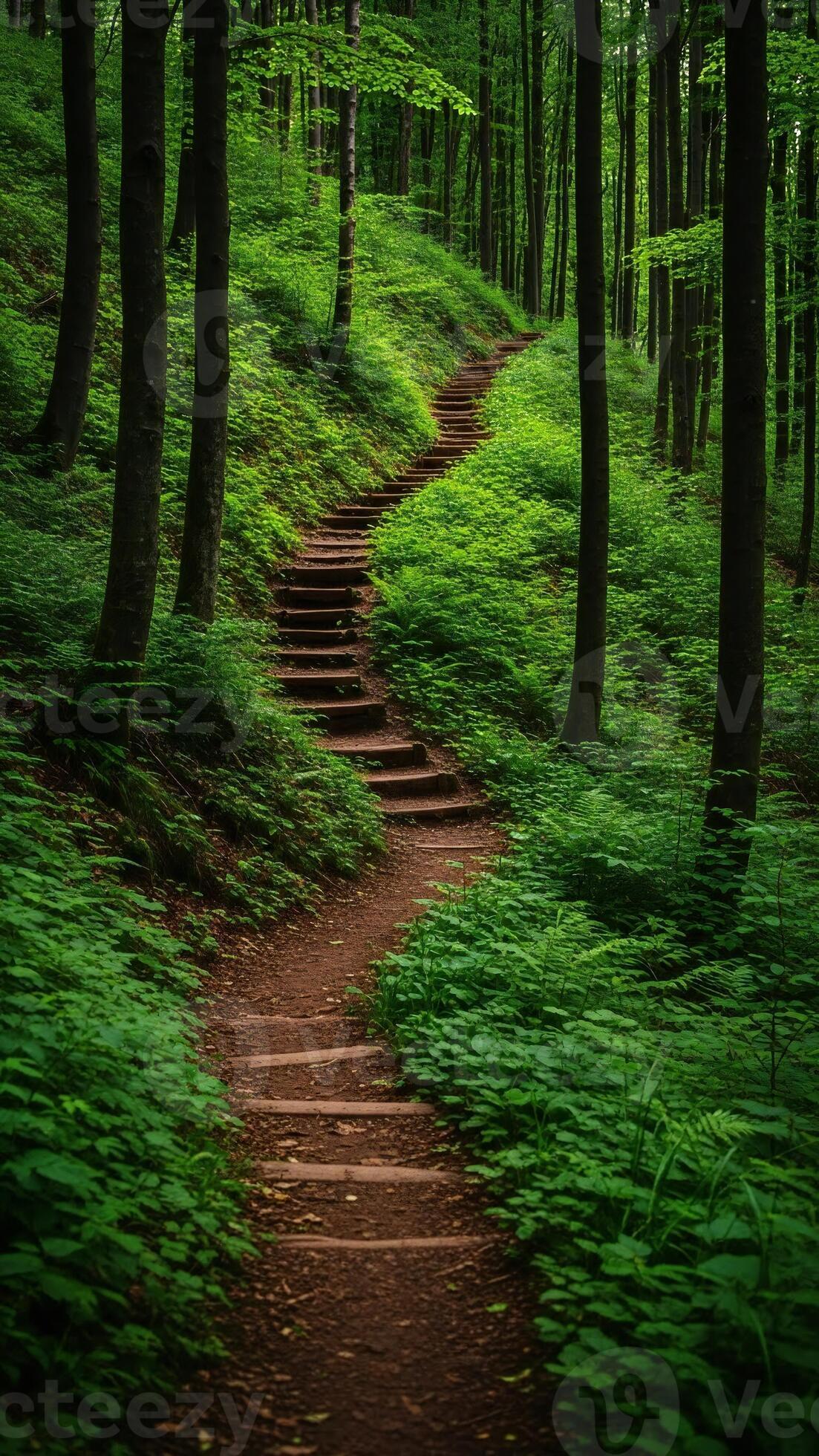 1103x1960 Nature wallpaper, Nature landscape, A winding dirt path with wooden steps ascends through a dense lush green forest with tall trees