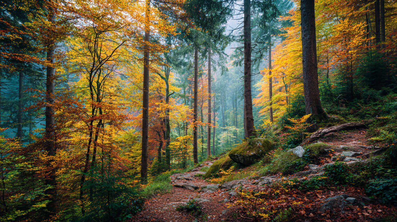 1285x720 Scenic Autumn Forest Path with Vibrant Colors