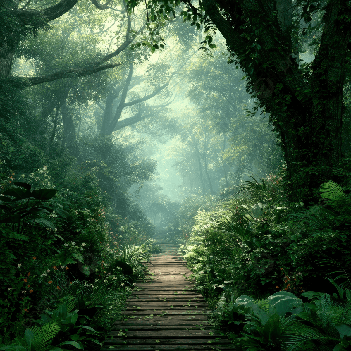 1200x1200 A Wooden Path Leading Through An Ancient Dense Jungle Filled With Towering Trees And Lush Green Foliage, Path, Wooden, Jungle Background Image And Wallpaper for Free Download