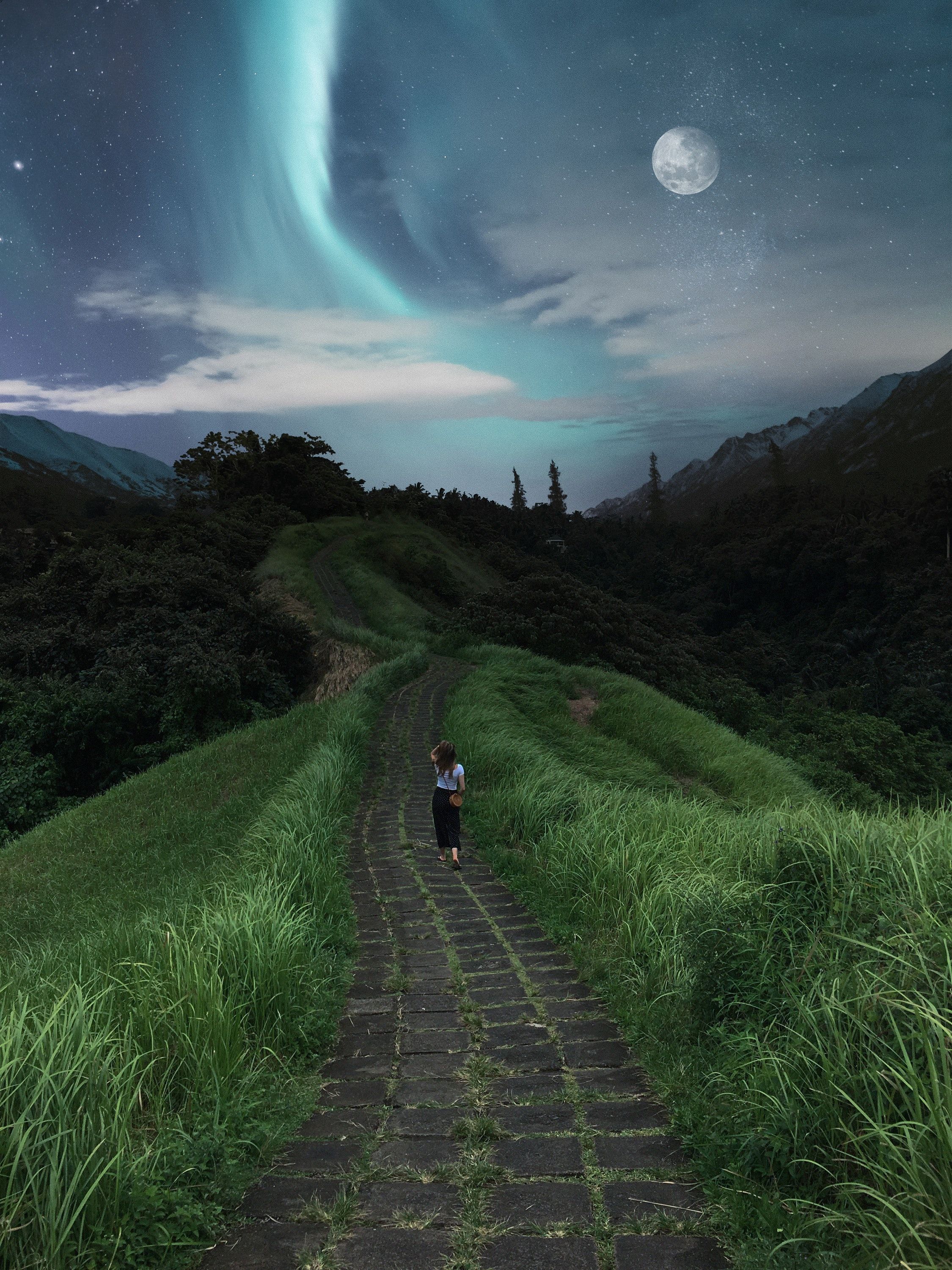 2250x3000 Phone wallpaper: Girl, Stars, Loneliness, Grass, Nature, Path 156804