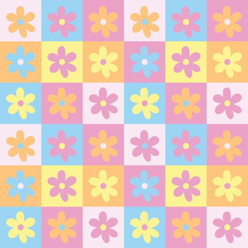 980x980 Cute y2k bright spring patchwork minimalist floral seamless pattern background print. Pastel colored checkerboard backdrop. Modern, trendy, bright vector design wallpaper