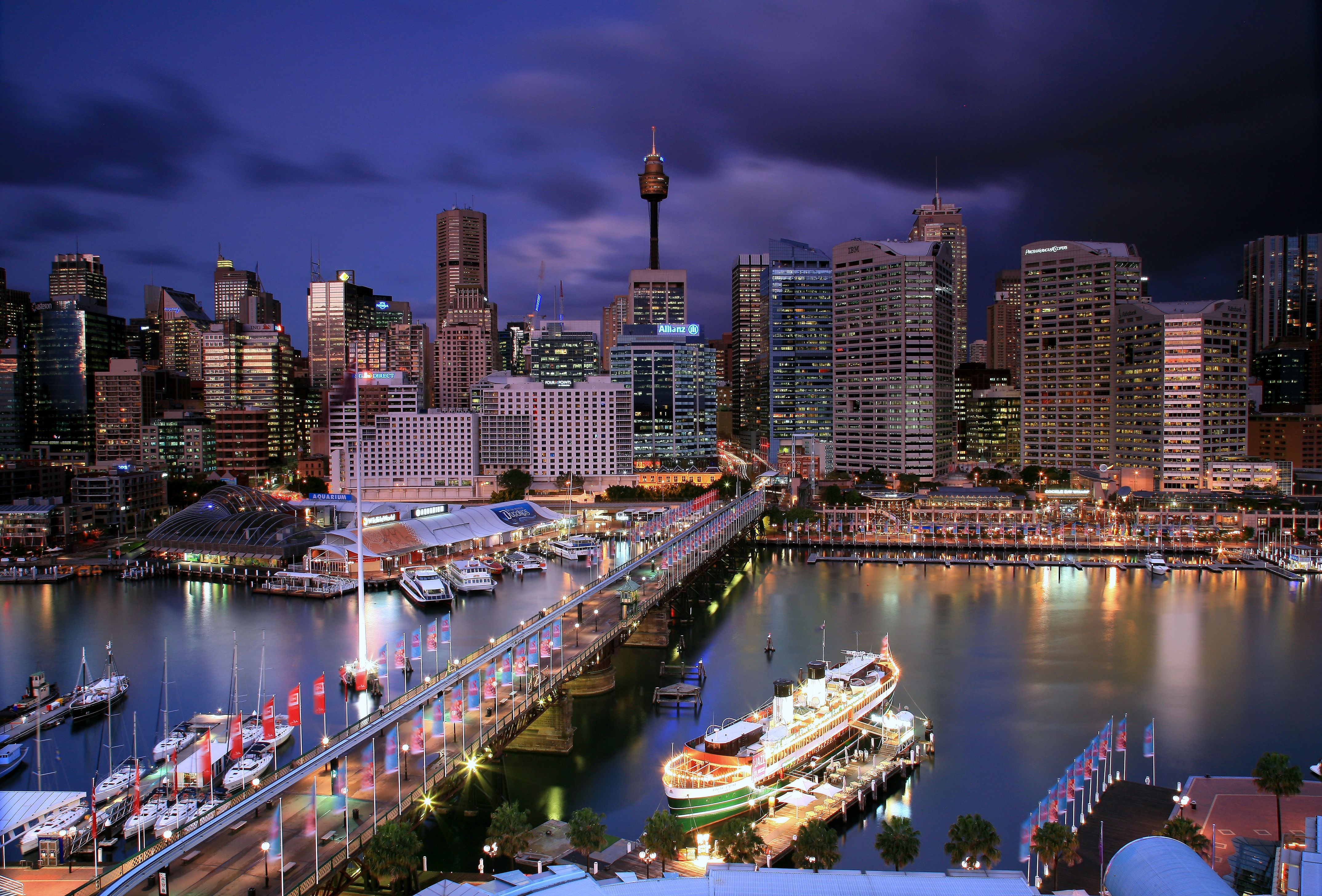 4296x2912 Desktop wallpaper: Sea, Night, Man Made, Darling Harbour, Australia, Bridge, City, Harbor, Skyscraper, South Steyne, Sydney 4K free download for PC. 1523141
