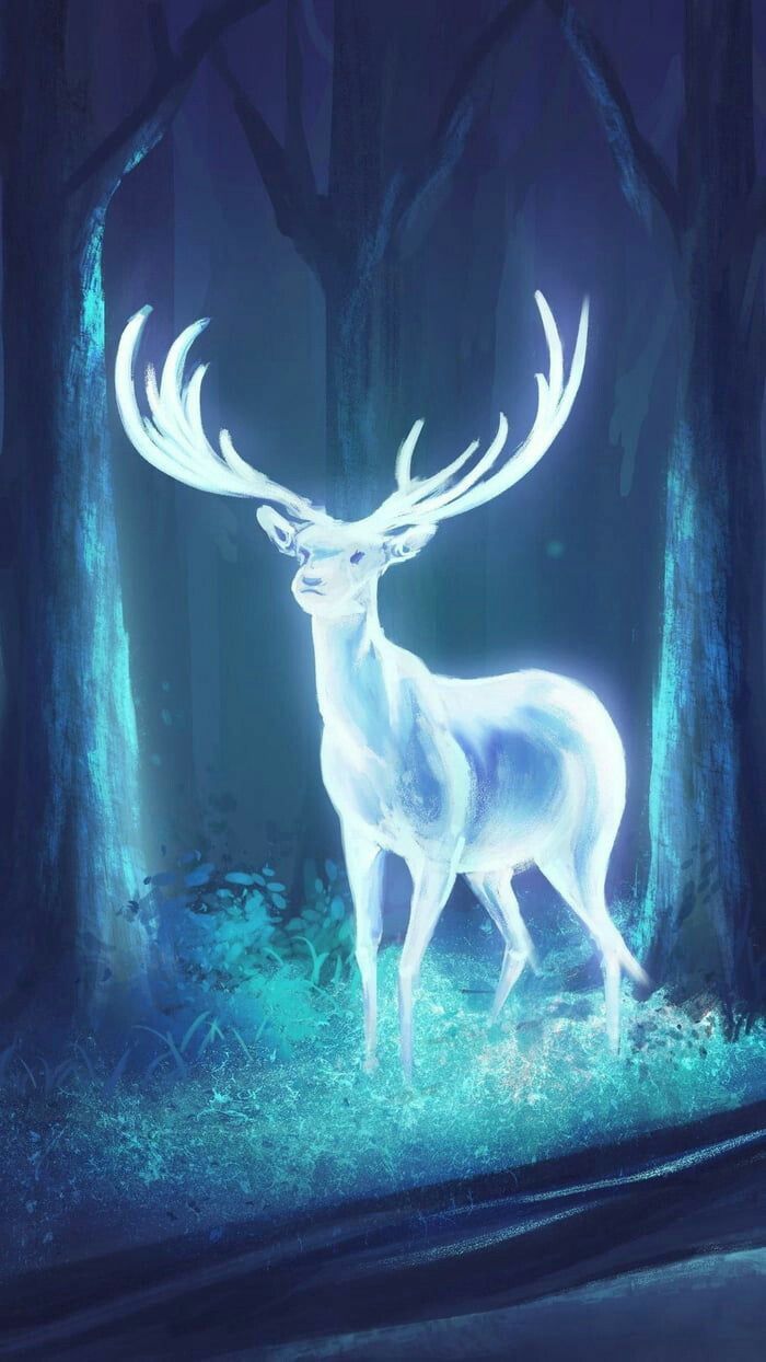 700x1244 Magical Deer Wallpaper with Blue Lights Antlers. White stag patronus, Patronus stag wallpaper, Patronus painting ideas